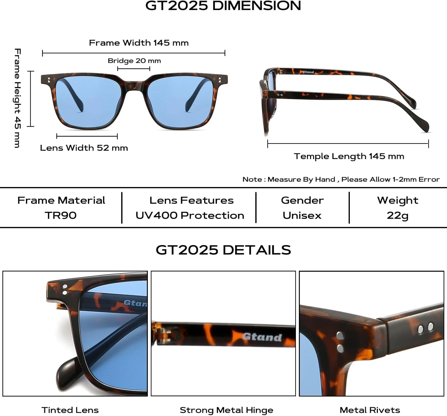 عینک آفتابی مربعی یکپارچهسازی با سیستمعامل Gtand Unisex برای مردان و زنان، عینک آفتابی مستطیلی مد روز، 52 میلی متر