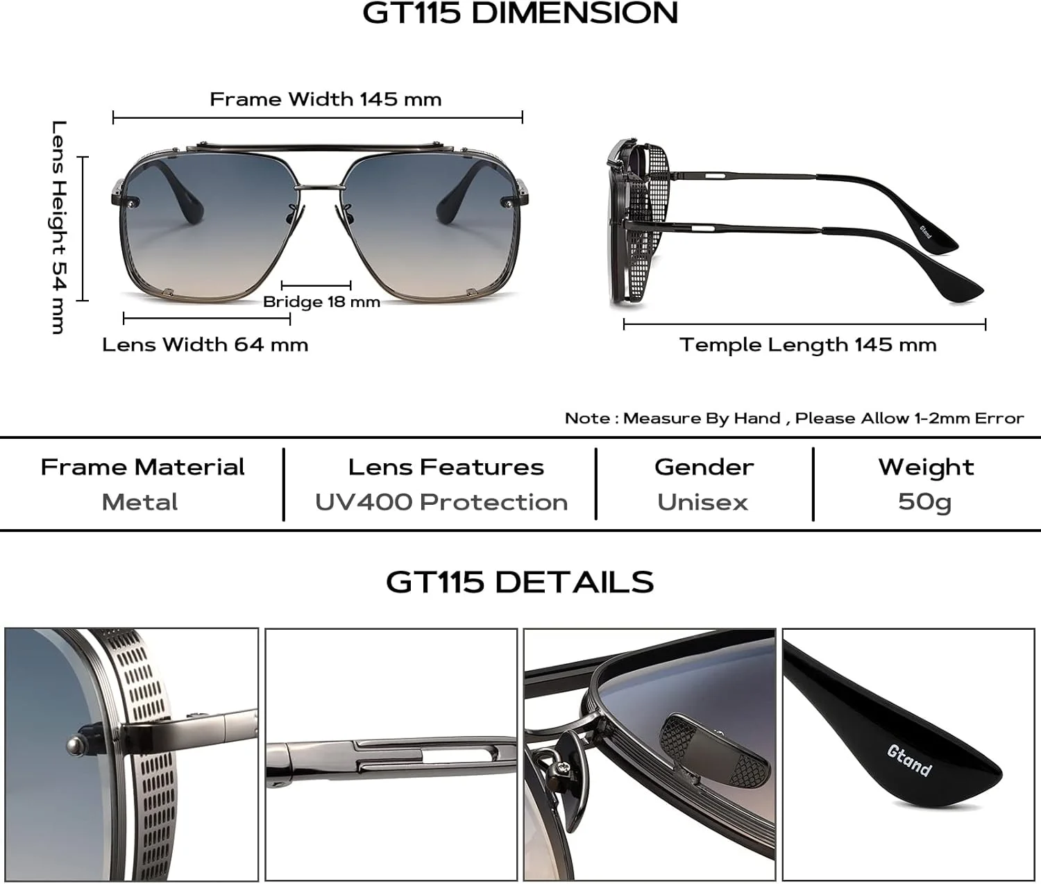 عینک آفتابی بزرگ مربعی خلبانی گرادیان فشن Gtand مردانه، محافظ جانبی فلزی وینتیج، عینک آفتابی استیم پانک 64 میلی‌متری