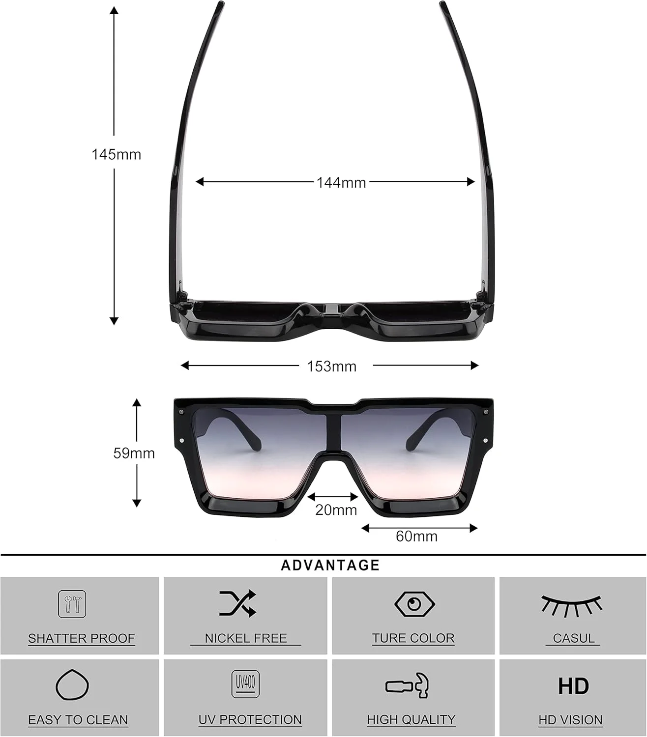 عینک آفتابی بزرگ KENBO برای زنان و مردان، عینک آفتابی مربعی مد روز با لنز یک تکه