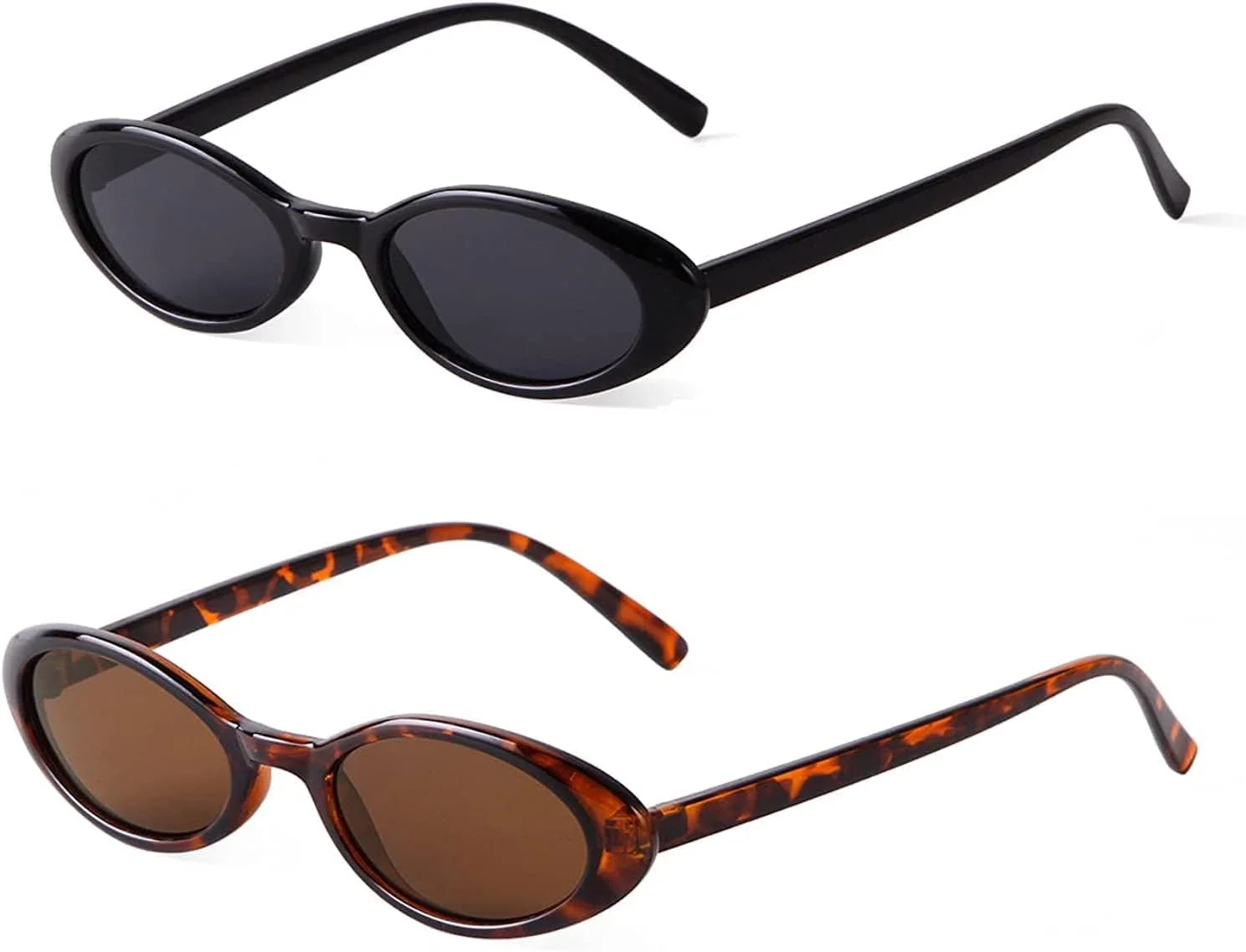 عینک آفتابی بیضی کوچک کلاسیک خزنا برای زنان، عینک های آفتابی زنانه به سبک دهه 90، عینک های رنگی مد روز با محافظت 400 (2 عدد مشکی + پلنگی)