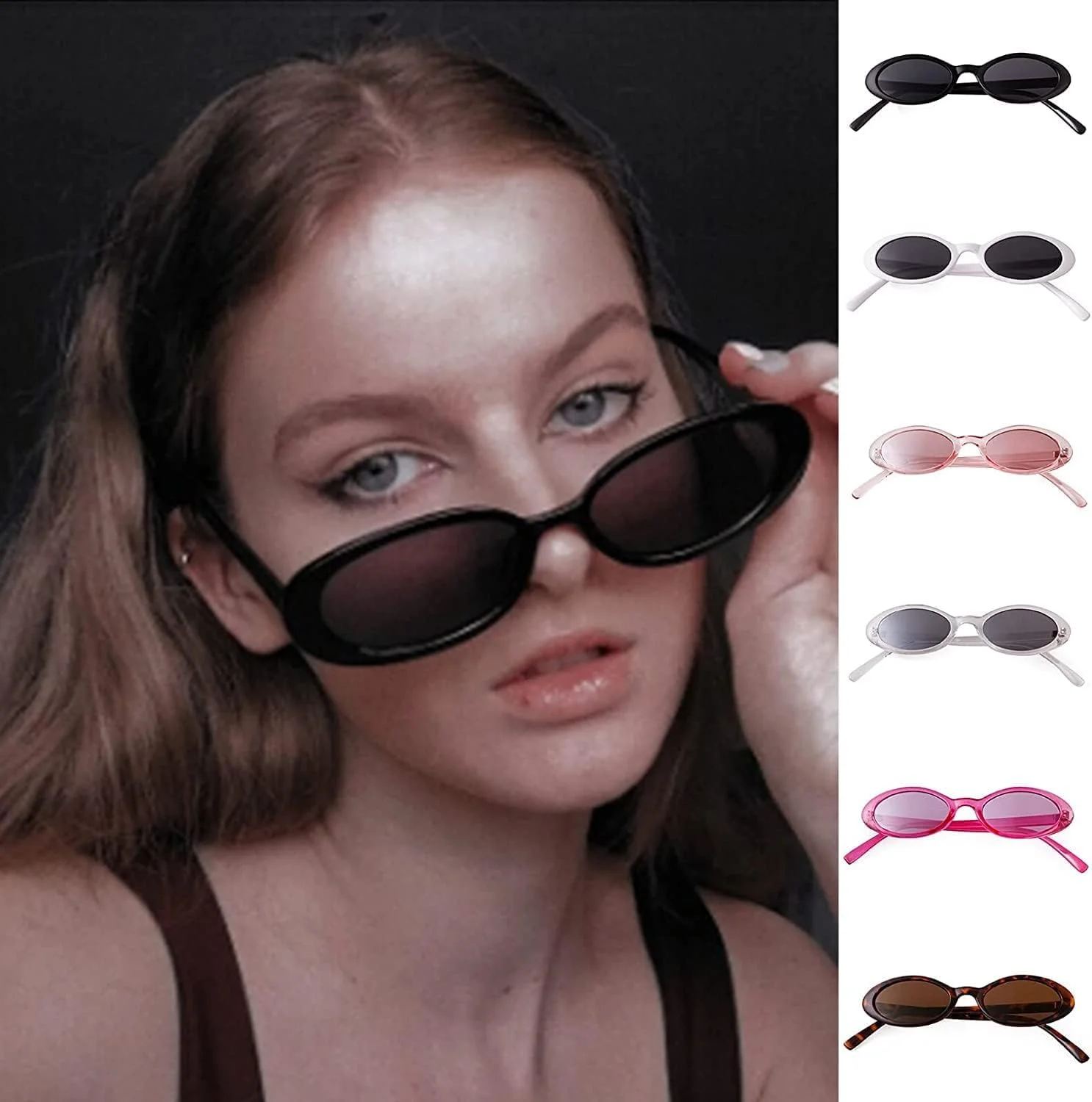 عینک آفتابی بیضی کوچک کلاسیک خزنا برای زنان، عینک های آفتابی زنانه به سبک دهه 90، عینک های رنگی مد روز با محافظت 400 (2 عدد مشکی + پلنگی)