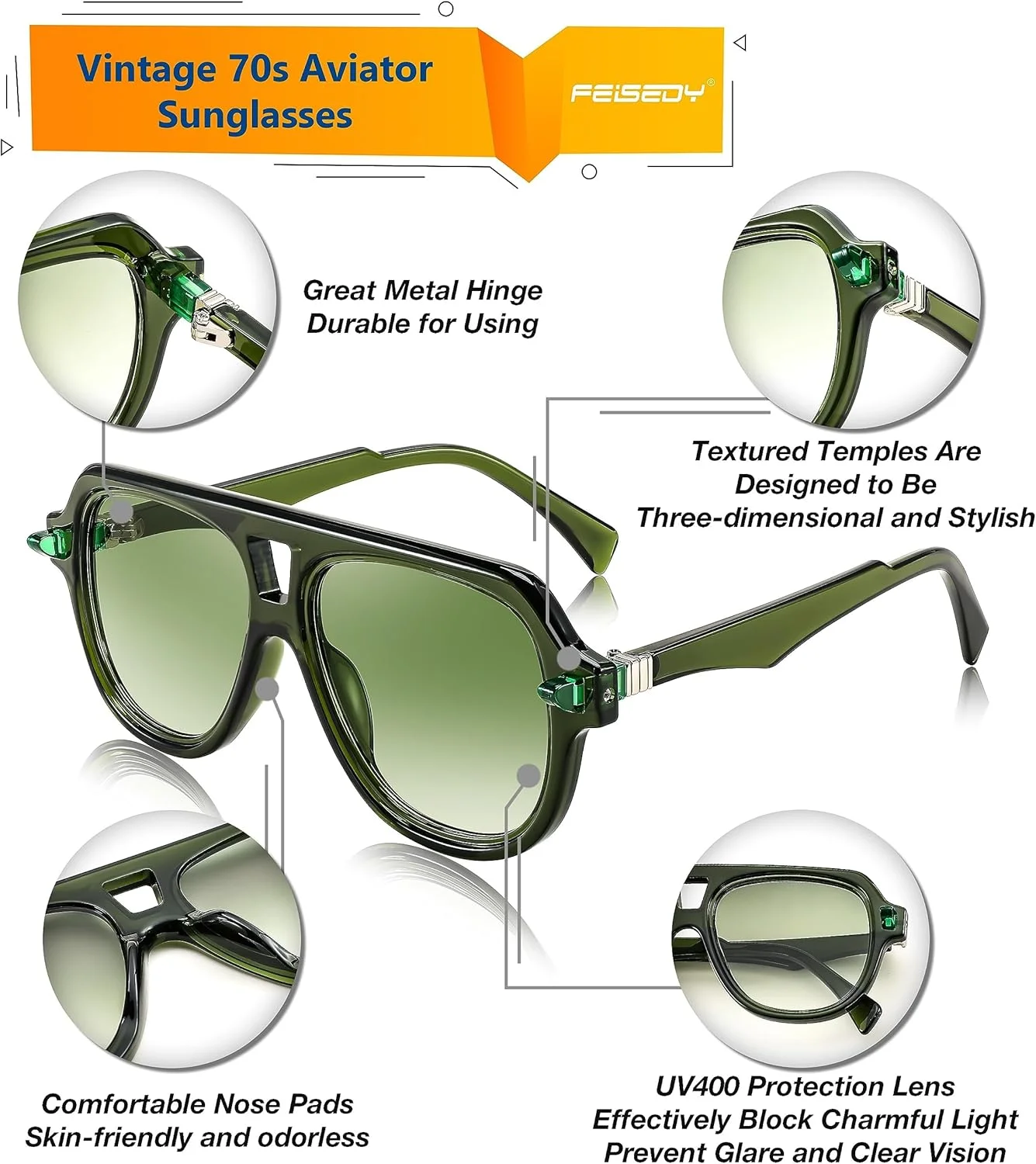 عینک آفتابی مردانه و زنانه KASTWAVE طرح وینتیج، عینک آفتابی خلبانی دهه 70، عینک آفتابی کلاسیک رترو با فریم بزرگ UV400، فریم وینتیج - سبز