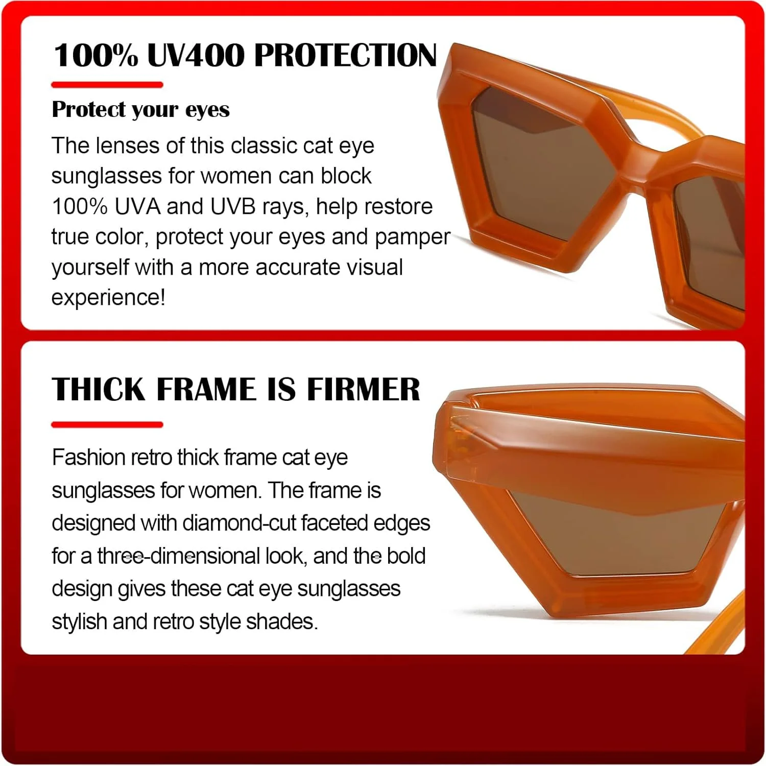 عینک آفتابی چشم گربه ای با فریم ضخیم KASTWAVE برای زنان، 2 عدد عینک آفتابی چشم گربه ای شیک و قدیمی با سبک رترو