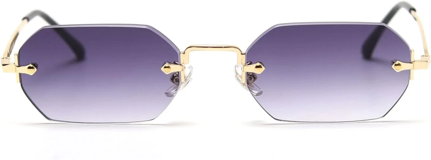 عینک آفتابی مستطیلی مردانه LIGOES، عینک آفتابی بدون فریم، عینک کوچک هشت ضلعی بدون حاشیه، زنانه فلزی طلایی چند ضلعی آبی قهوه ای UV400 (طلایی با خاکستری)