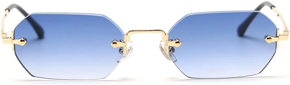 عینک آفتابی مستطیلی مردانه LIGOES، عینک آفتابی بدون فریم، عینک کوچک هشت ضلعی بدون حاشیه، عینک فلزی طلایی چند ضلعی آبی قهوه ای UV400 (طلایی با آبی)