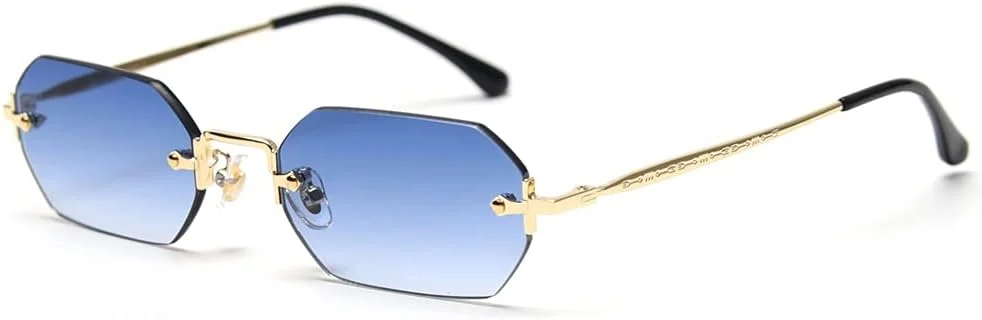 عینک آفتابی مستطیلی مردانه LIGOES، عینک آفتابی بدون فریم، عینک کوچک هشت ضلعی بدون حاشیه، عینک فلزی طلایی چند ضلعی آبی قهوه ای UV400 (طلایی با آبی)