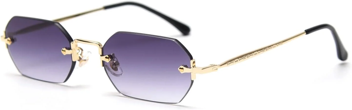 عینک آفتابی مستطیلی مردانه LIGOES، عینک آفتابی بدون فریم، عینک کوچک هشت ضلعی بدون حاشیه، زنانه فلزی طلایی چند ضلعی آبی قهوه ای UV400 (طلایی با خاکستری)