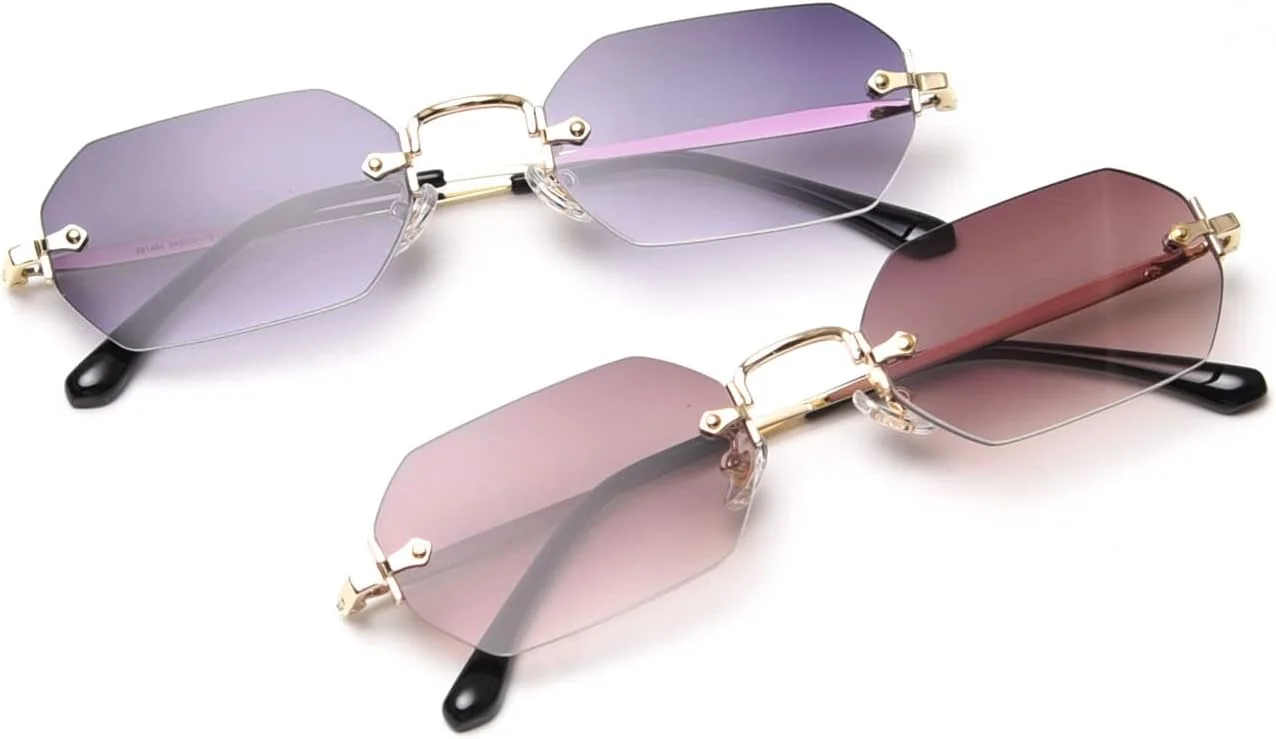 عینک آفتابی مستطیلی مردانه LIGOES، عینک آفتابی بدون فریم، عینک کوچک هشت ضلعی بدون حاشیه، زنانه فلزی طلایی چند ضلعی آبی قهوه ای UV400 (طلایی با خاکستری)