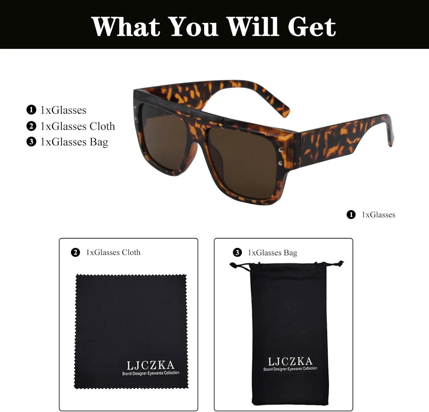 عینک آفتابی مربعی رترو LJCZKA برای زنان و مردان، فریم ضخیم تخت، عینک آفتابی مد روز، محافظت UV400