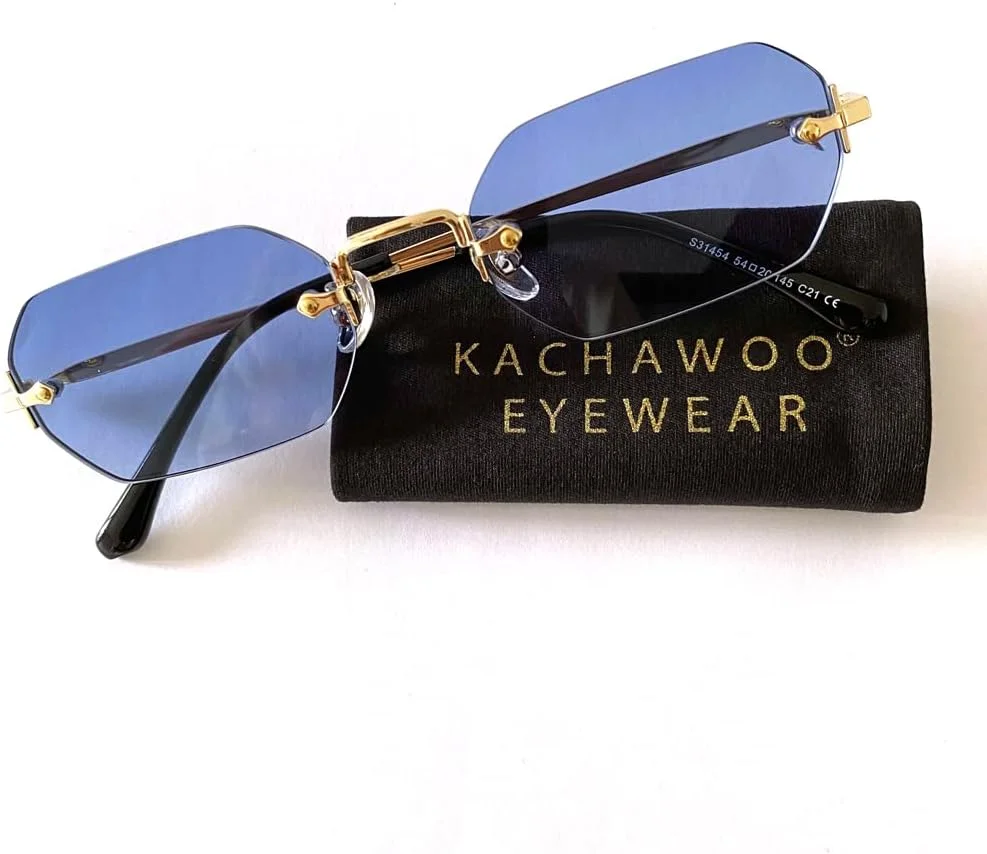 عینک آفتابی مستطیلی مردانه LIGOES، عینک آفتابی بدون فریم، عینک کوچک هشت ضلعی بدون حاشیه، عینک فلزی طلایی چند ضلعی آبی قهوه ای UV400 (طلایی با آبی)