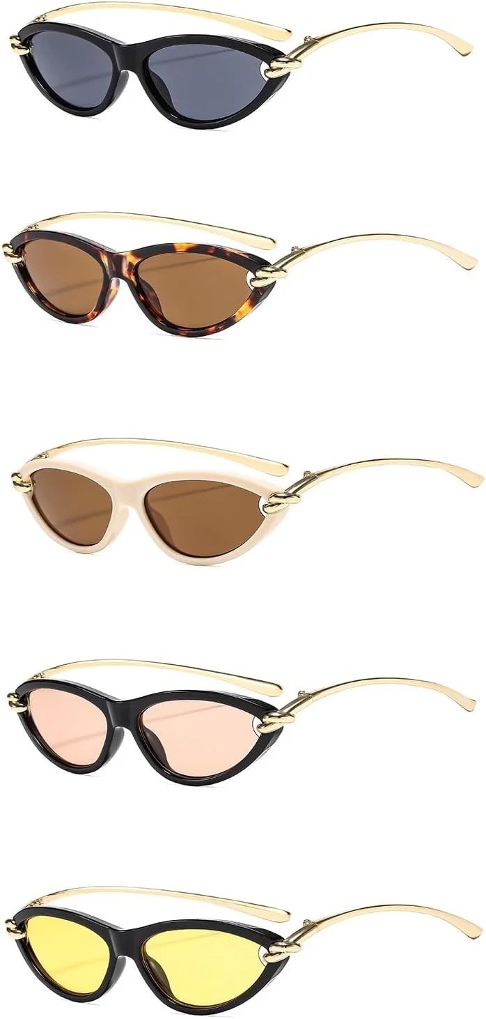 عینک آفتابی زنانه چشم گربه ای بیضی شکل LJCZKA، عینک آفتابی کوچک بیضی شکل دهه 90، عینک آفتابی باریک و مد روز Y2K، معابد طلایی لوکس، محافظت UV400