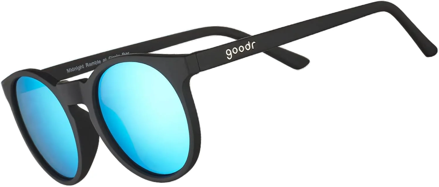عینک آفتابی گرد پلاریزه گودر مدل Midnight Ramble at Circle Bar، مناسب آقایان و بانوان، سایز کوچک (Circle G)، فریم مشکی یکدست با لنزهای آینه ای آبی، محافظت UV400، بدون لغزش، بدون پرش