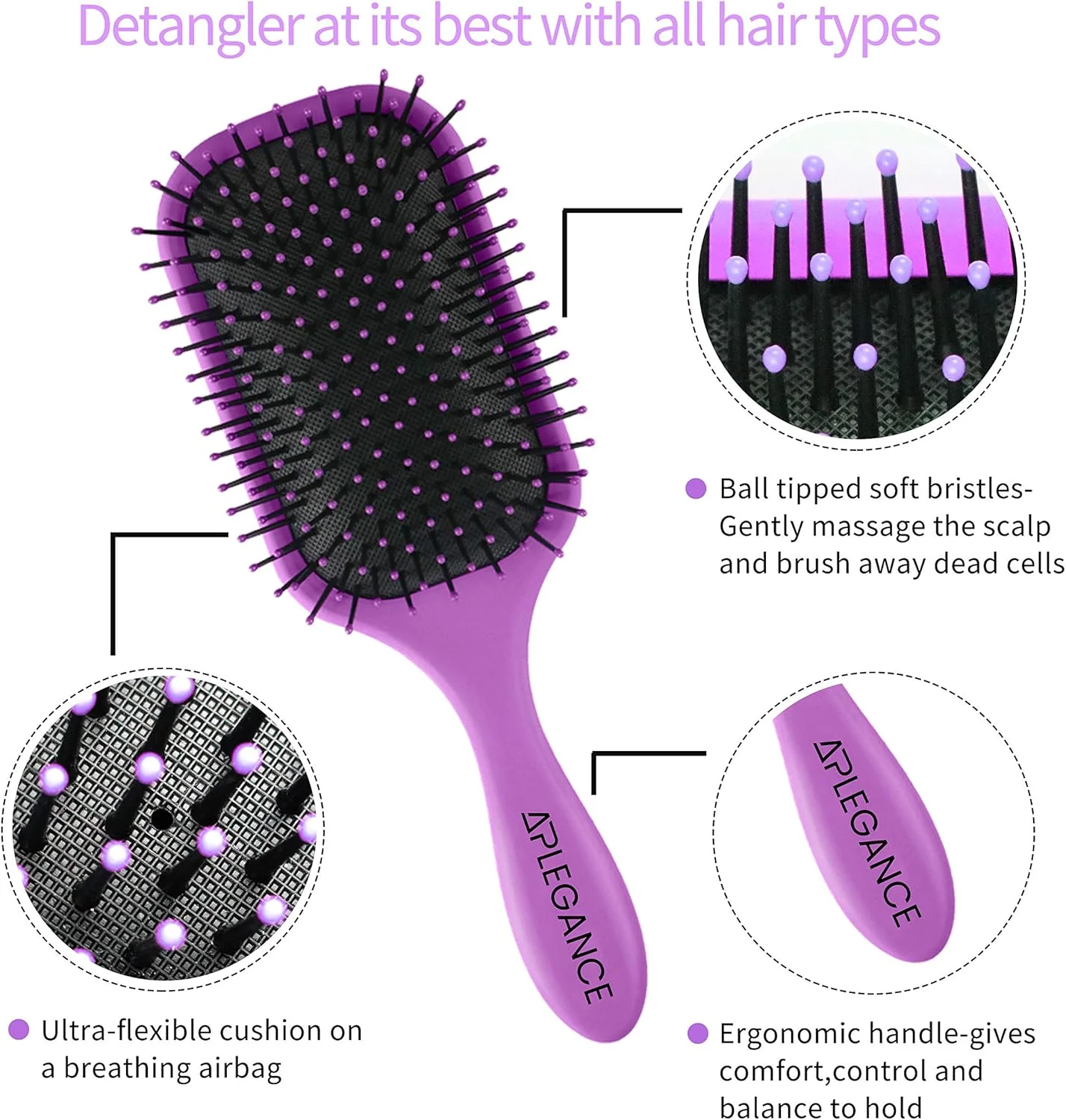 ست برس مو برای زنان و مردان - برس موی نرم لایه بردار، برس حالت دهنده 9 ردیفه ضد الکتریسیته ساکن، شانه دم موشی و شانه موی خیس - بهترین برای موهای بلند، ضخیم، مجعد و طبیعی (4 عدد) - توسط APLEGANCE