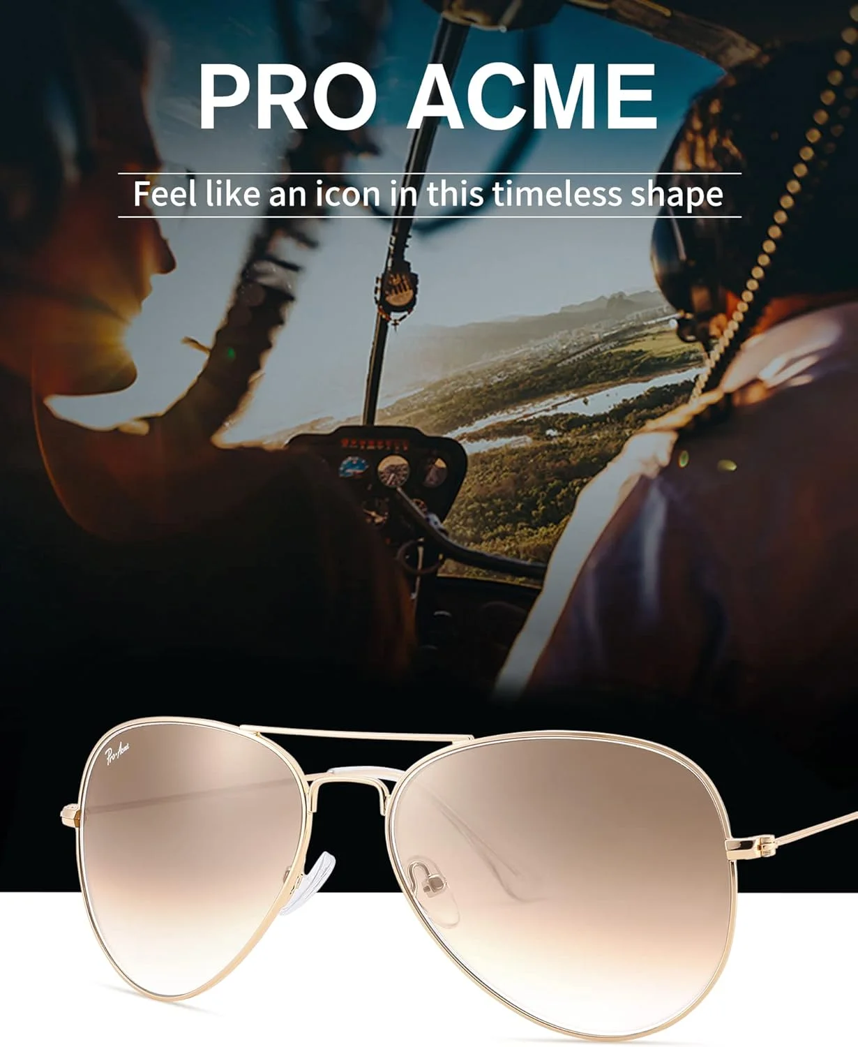 عینک آفتابی خلبانی کلاسیک پرو اکمی برای مردان و زنان، لنز شیشه ای 100% واقعی، C3 - فریم طلایی | گرادیان قهوه ای کریستالی عینک آفتابی خلبانی کلاسیک پرو اکمی برای مردان و زنان، لنز شیشه ای 100% واقعی، C3 - فریم طلایی | گرادیان قهوه ای کریستالی