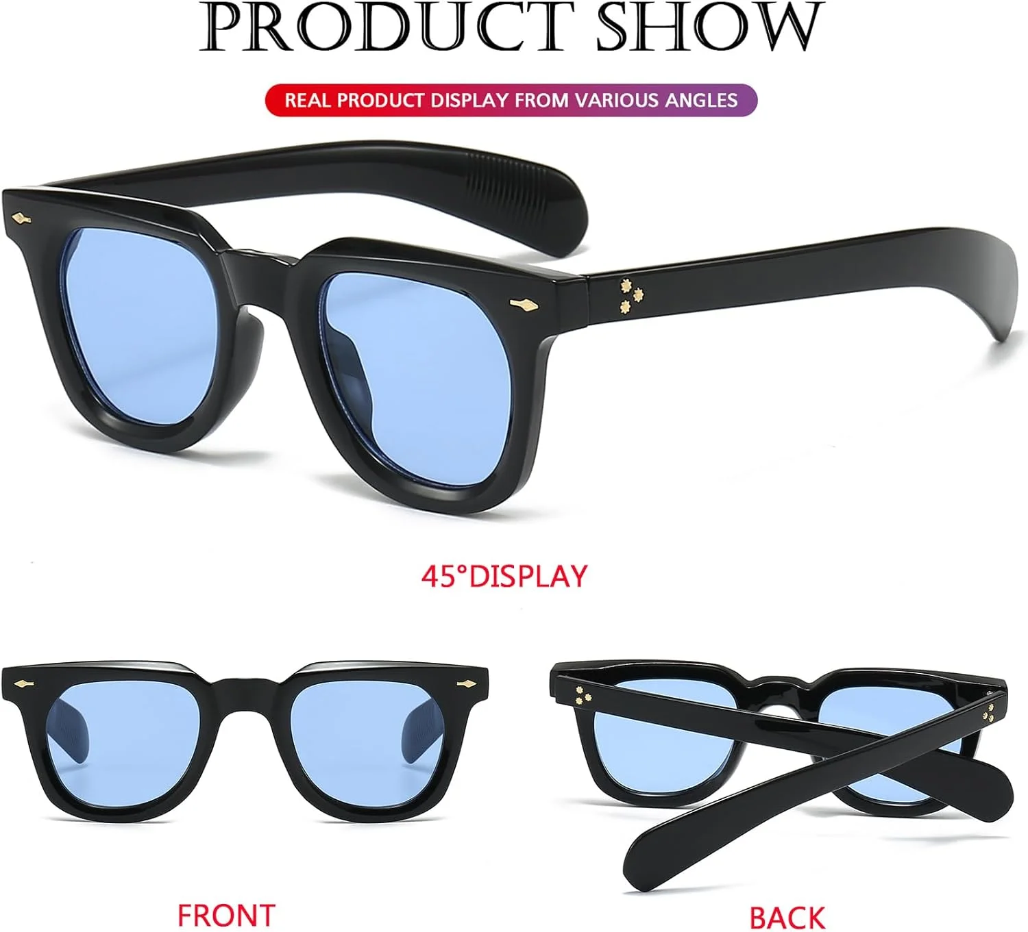 عینک آفتابی مربعی PORADAY برای زنان و مردان، فریم ضخیم و شیک، سایه های مشکی