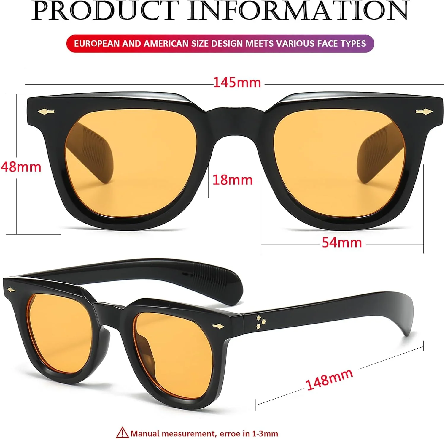 عینک آفتابی مربعی PORADAY برای زنان و مردان، فریم ضخیم و شیک، سایه های مشکی