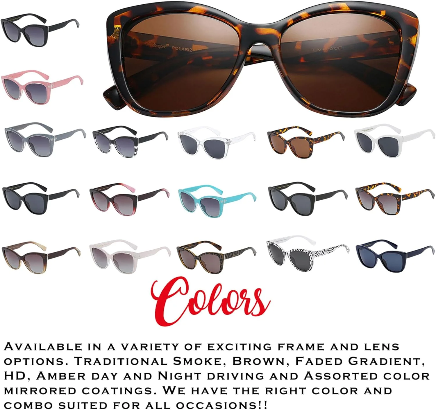 عینک آفتابی چشم گربه ای PolarSpex برای زنان - عینک آفتابی زنانه بزرگ و پلاریزه - سایه های مد روز برای زنان عینک آفتابی چشم گربه ای PolarSpex برای زنان - عینک آفتابی زنانه بزرگ و پلاریزه - سایه های مد روز برای زنان