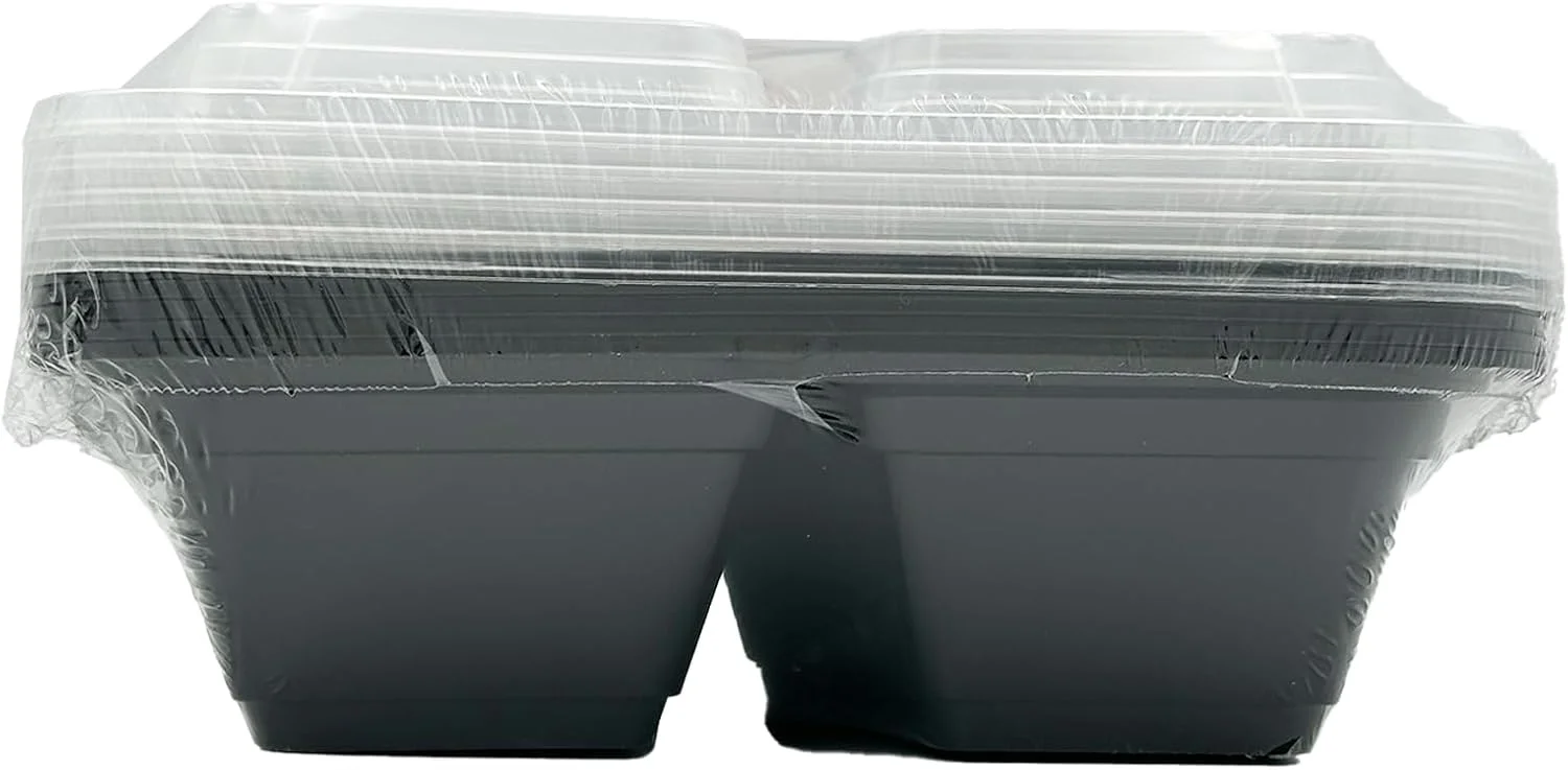 بسته ایده آل ظروف مستطیلی 3 قسمتی با پایه مشکی و درب – 5 عدد | مناسب مایکروویو و فریزر | مقاوم در برابر نشت، مناسب آماده سازی غذا و بیرون بر