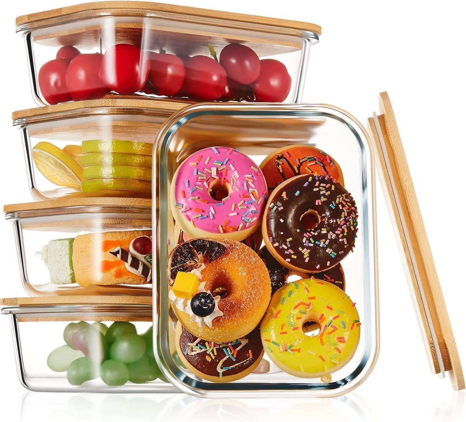 ست ظروف شیشه ای 5 عددی بیکسبایت با درب بامبو، حفظ تازگی در هر ظرف 1050 میلی لیتری، ظرف غذای 100% شیشه ای برای یخچال، ظروف شیشه ای بدون BPA برای نگهداری مواد غذایی در آشپزخانه
