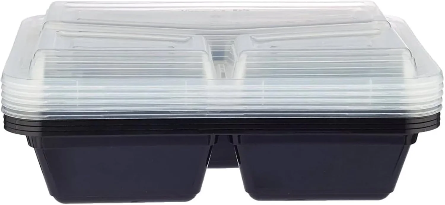 بسته ایده آل ظروف مستطیلی 3 قسمتی با پایه مشکی و درب – 5 عدد | مناسب مایکروویو و فریزر | مقاوم در برابر نشت، مناسب آماده سازی غذا و بیرون بر