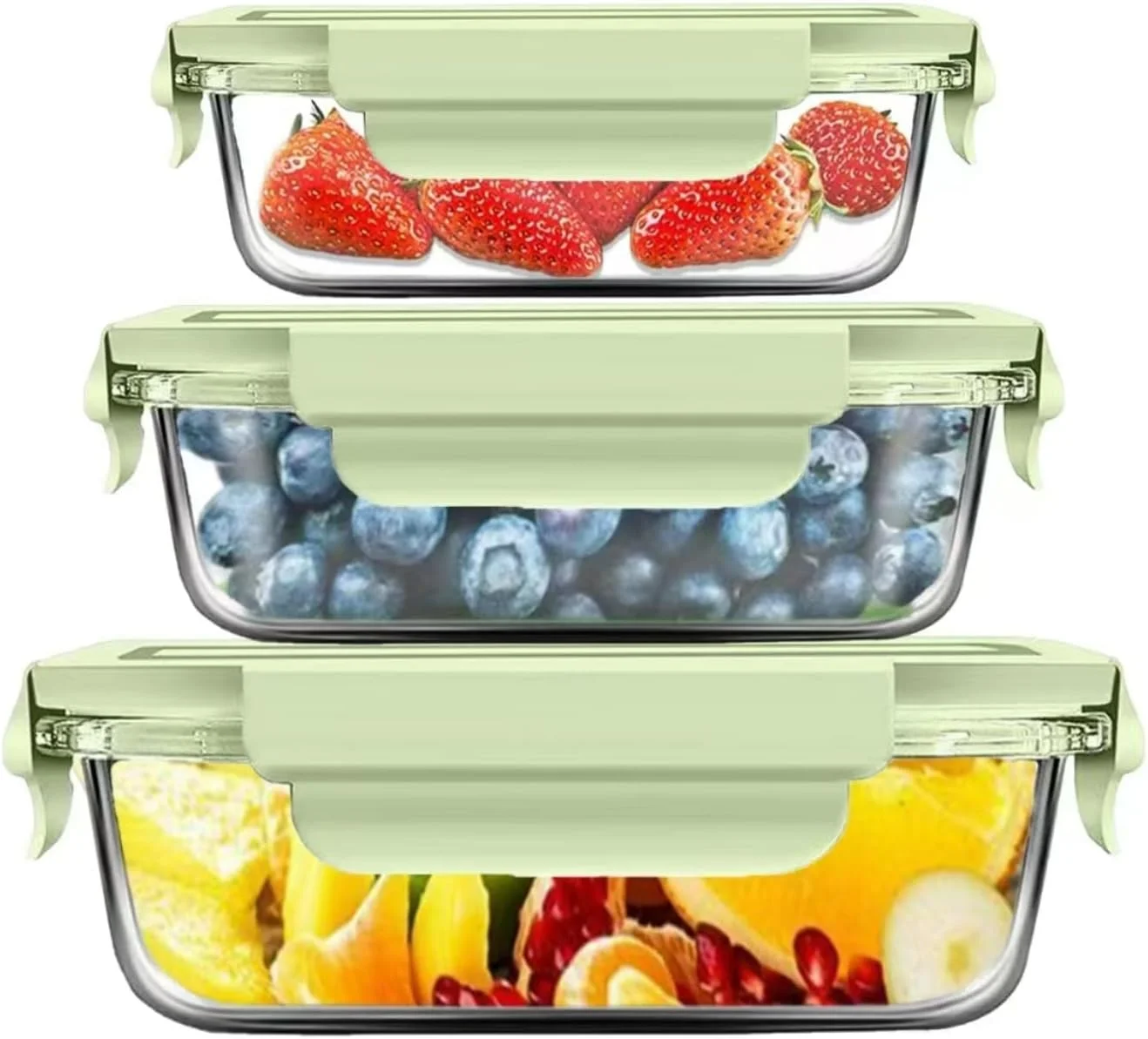 ست ۳ تایی ظروف شیشه ای نگهداری غذا، مناسب آماده سازی غذا، ظروف بنتو درب دار با قفل های ضد نشت، قابل استفاده در مایکروویو، فر، فریزر و ماشین ظرفشویی، بدون BPA، در اندازه های ۴۱۰، ۷۱۰ و ۱۰۳۵ میلی لیتر (سبز شفاف)
