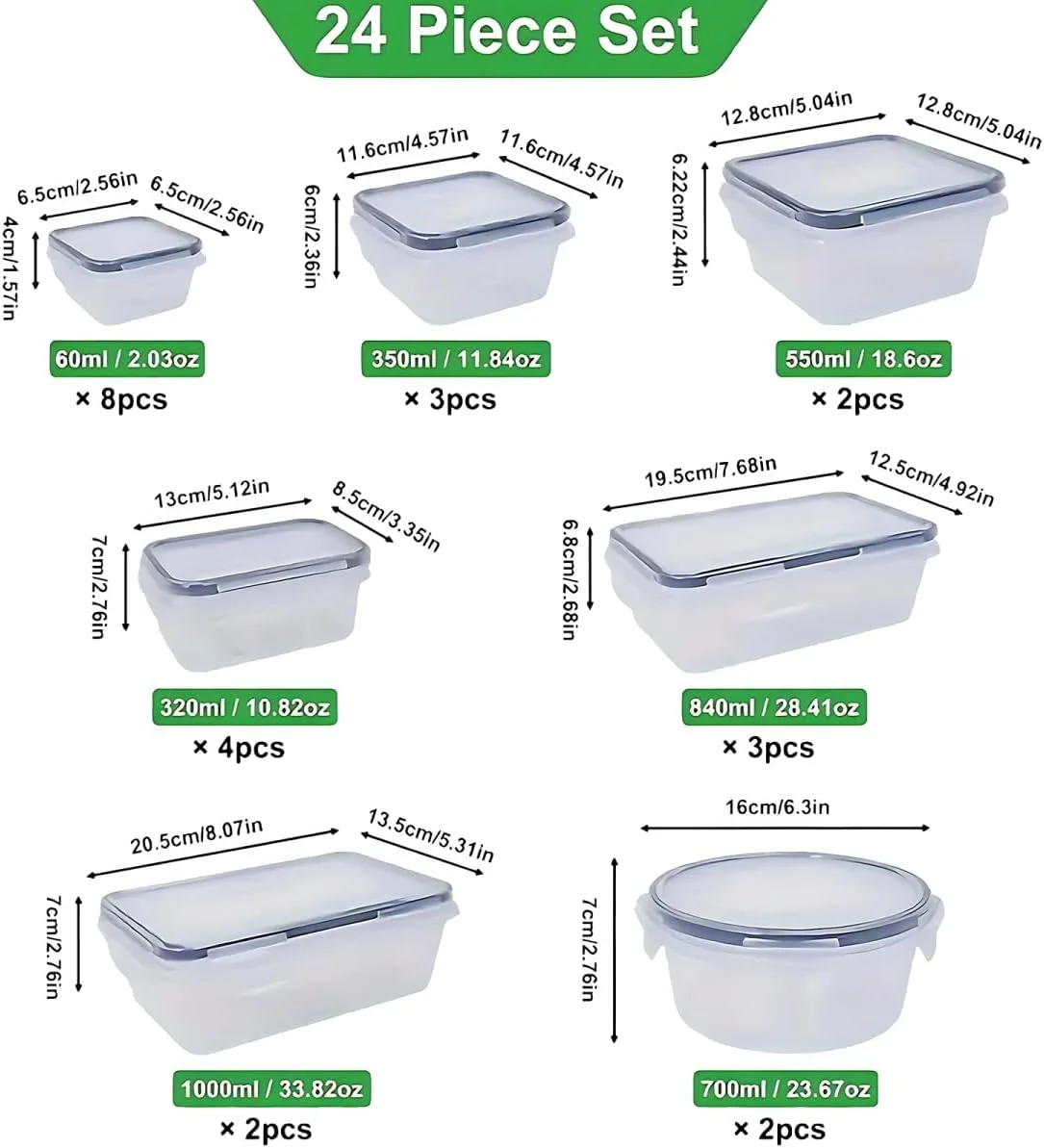 48 عدد ظرف نگهداری غذا با درب، جعبه های آماده سازی غذا، ست ظروف نگهداری (24 ظرف + 24 درب)، جعبه های نگهداری آشپزخانه ضد هوا و ضد نشت، بدون BPA، قابل شستشو در ماشین ظرفشویی، فریزر، قابل استفاده در مایکروویو