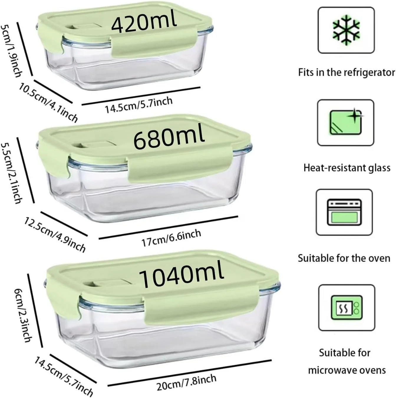 ست ۳ تایی ظروف شیشه ای نگهداری غذا، مناسب آماده سازی غذا، ظروف بنتو درب دار با قفل های ضد نشت، قابل استفاده در مایکروویو، فر، فریزر و ماشین ظرفشویی، بدون BPA، در اندازه های ۴۱۰، ۷۱۰ و ۱۰۳۵ میلی لیتر (سبز شفاف) ست ۳ تایی ظروف شیشه ای نگهداری غذا، مناسب آماده سازی غذا، ظروف بنتو درب دار با قفل های ضد نشت، قابل استفاده در مایکروویو، فر، فریزر و ماشین ظرفشویی، بدون BPA، در اندازه های ۴۱۰، ۷۱۰ و ۱۰۳۵ میلی لیتر (سبز شفاف)