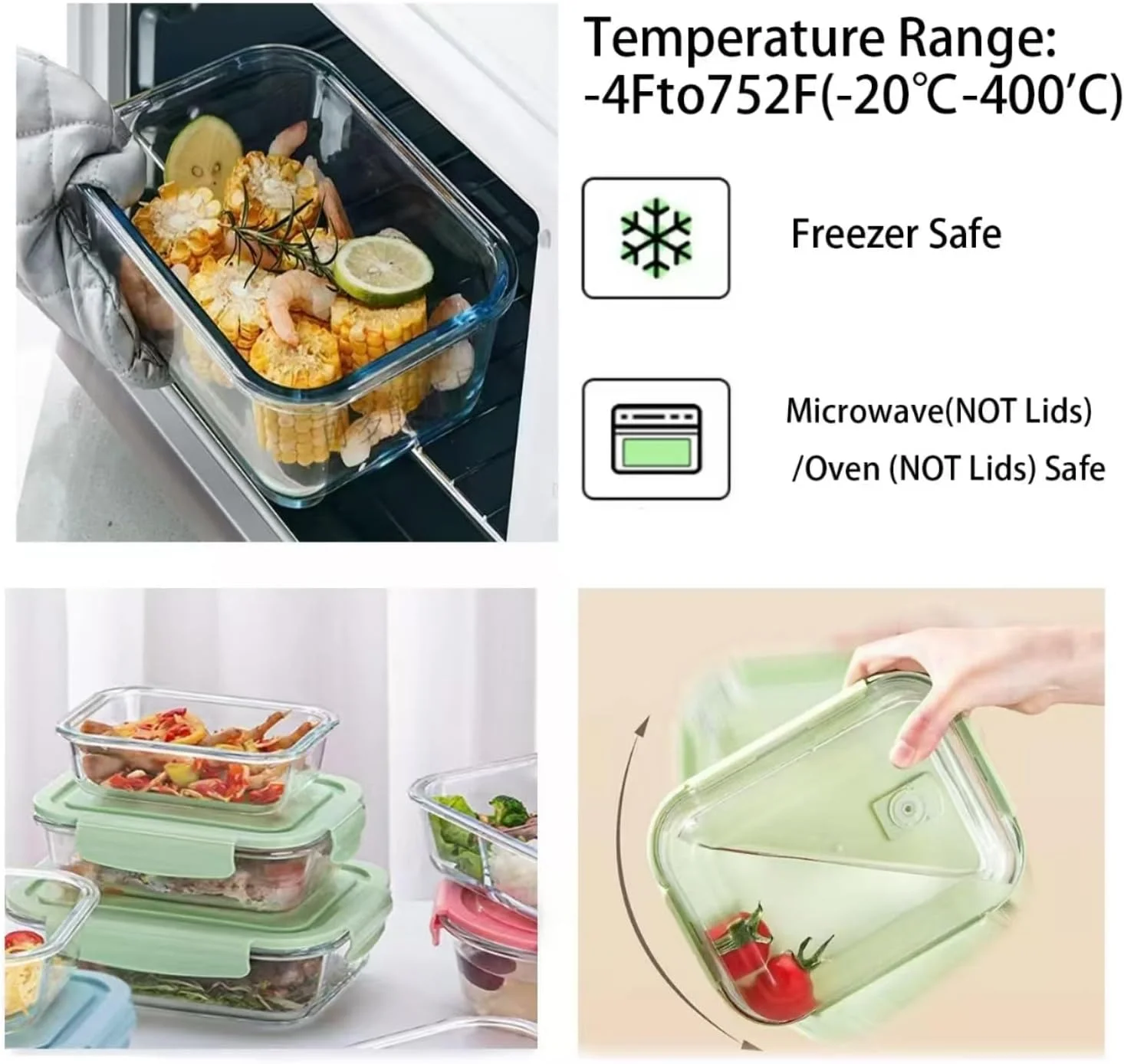 ست ۳ تایی ظروف شیشه ای نگهداری غذا، مناسب آماده سازی غذا، ظروف بنتو درب دار با قفل های ضد نشت، قابل استفاده در مایکروویو، فر، فریزر و ماشین ظرفشویی، بدون BPA، در اندازه های ۴۱۰، ۷۱۰ و ۱۰۳۵ میلی لیتر (سبز شفاف) ست ۳ تایی ظروف شیشه ای نگهداری غذا، مناسب آماده سازی غذا، ظروف بنتو درب دار با قفل های ضد نشت، قابل استفاده در مایکروویو، فر، فریزر و ماشین ظرفشویی، بدون BPA، در اندازه های ۴۱۰، ۷۱۰ و ۱۰۳۵ میلی لیتر (سبز شفاف)