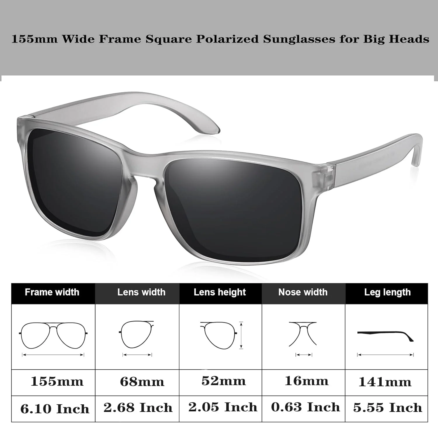 عینک آفتابی مربعی پلاریزه RCXKOOM XL برای سرهای بزرگ مردانه زنانه XXL عینک آفتابی بزرگ با فریم خیلی پهن عینک آفتابی مربعی پلاریزه RCXKOOM XL برای سرهای بزرگ مردانه زنانه XXL عینک آفتابی بزرگ با فریم خیلی پهن