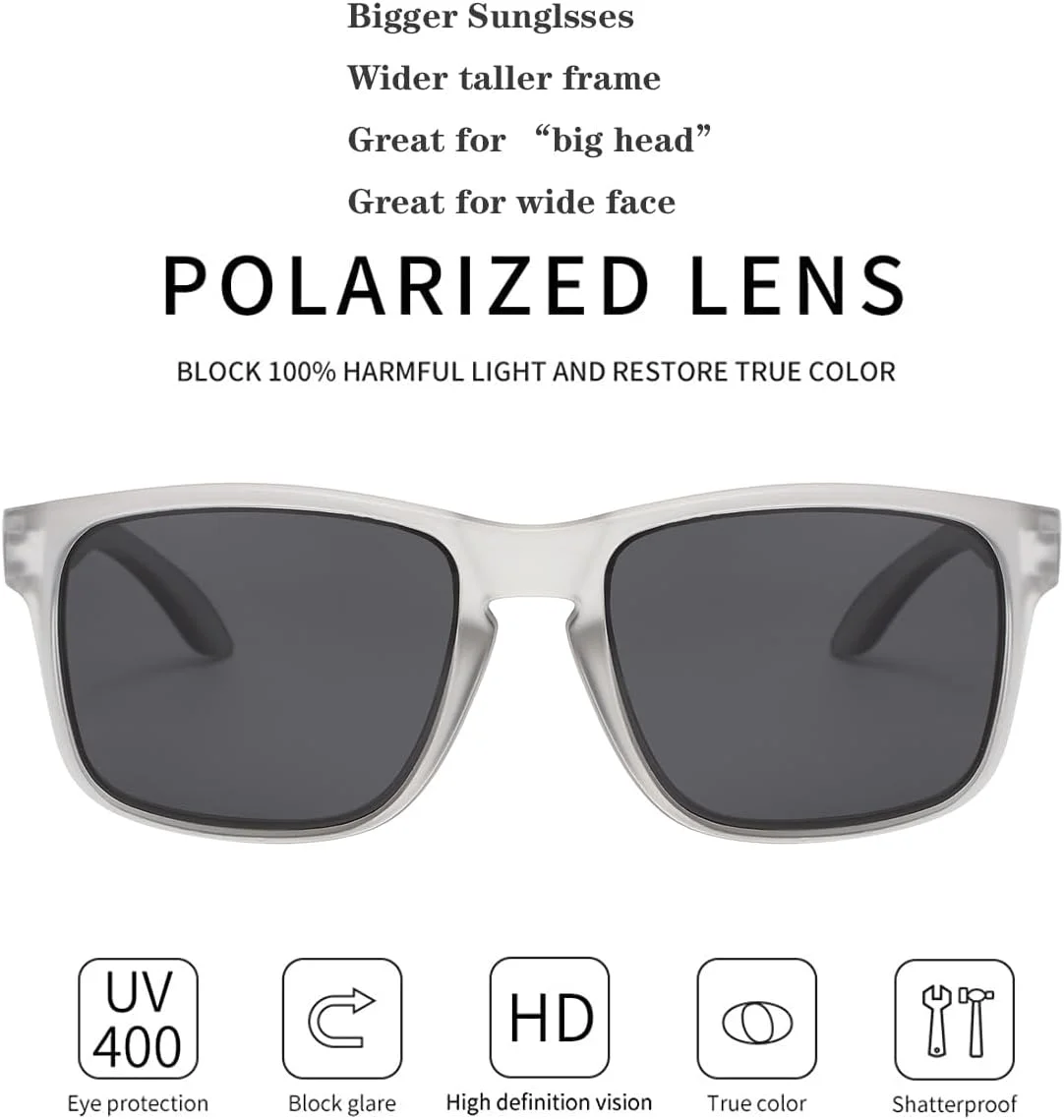 عینک آفتابی مربعی پلاریزه RCXKOOM XL برای سرهای بزرگ مردانه زنانه XXL عینک آفتابی بزرگ با فریم خیلی پهن عینک آفتابی مربعی پلاریزه RCXKOOM XL برای سرهای بزرگ مردانه زنانه XXL عینک آفتابی بزرگ با فریم خیلی پهن