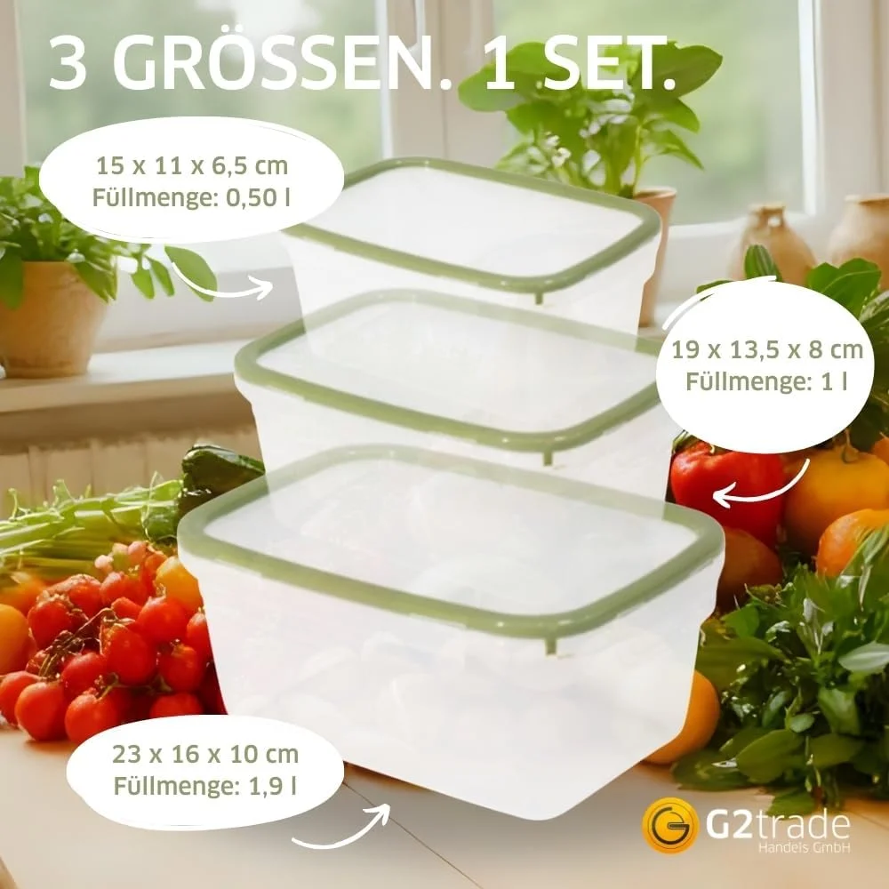 ست 3 تایی ظروف نگهداری مواد غذایی G4P protect G2 - ظروف نگهداری 0.5/1.0/1.9 لیتری - جعبه های نگهداری مواد غذایی، ضد هوا و قابل چیدن - قابل استفاده در ماشین ظرفشویی، مایکروویو و فریزر - مستطیلی، بدون BPA - سبز