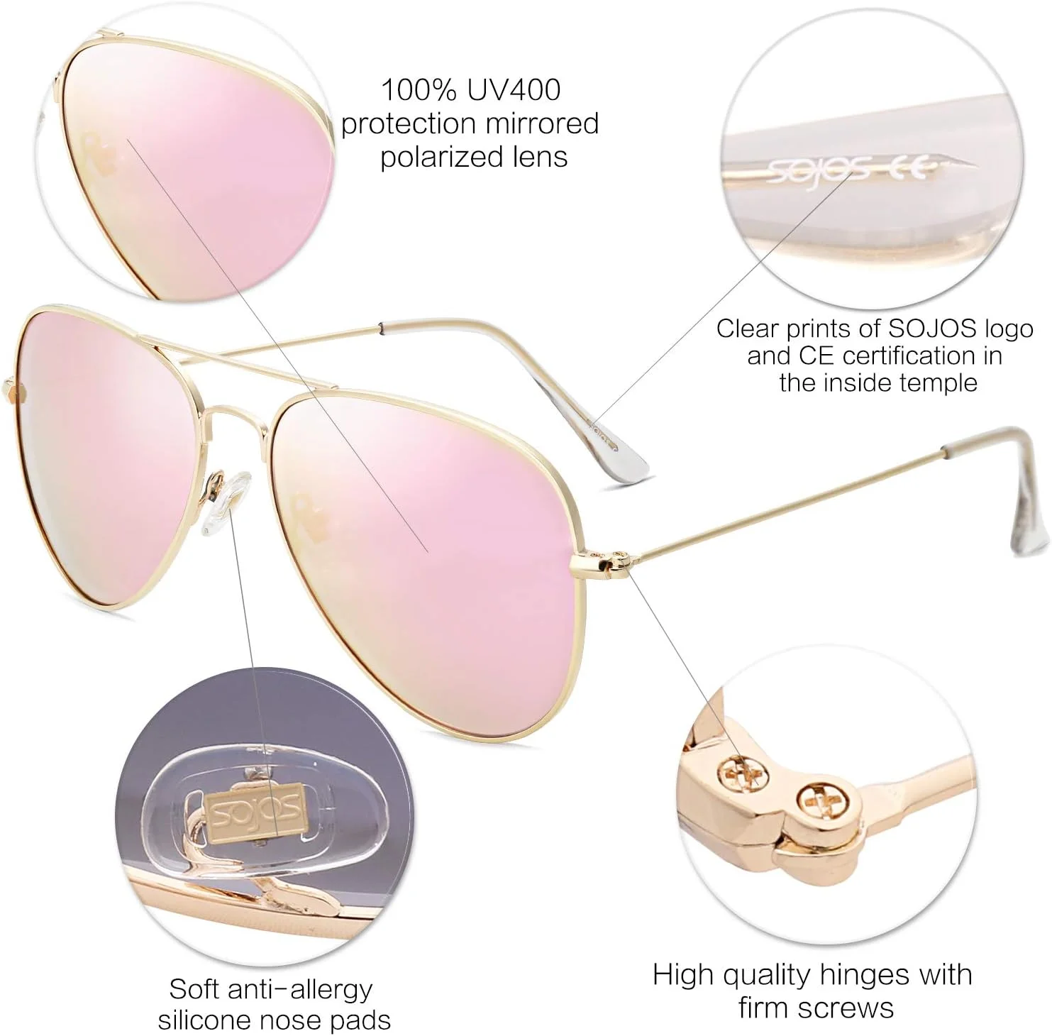 عینک آفتابی خلبانی کلاسیک پلاریزه SOJOS با لنزهای آینه‌ای UV400 مدل SJ1054