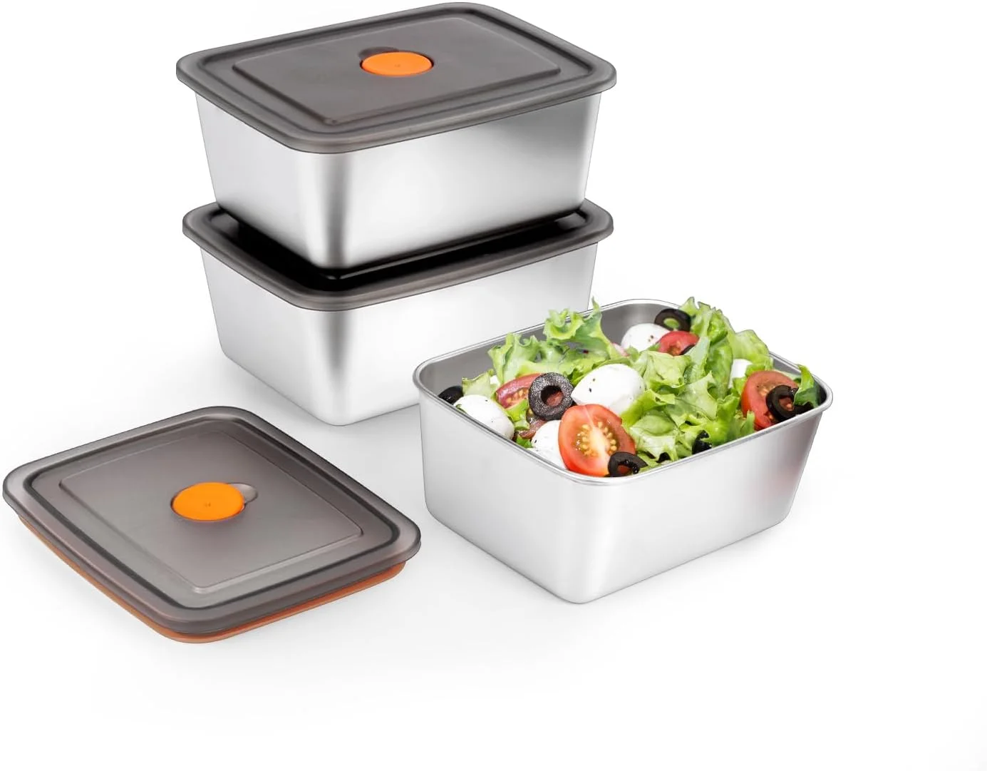ظروف نگهداری غذا استیل فکوکی، 3 عددی (590 میلی لیتر) همراه با درب | ظروف اسنک برای کودکان، قابل استفاده در فریزر و مایکروویو | ظروف فلزی 316 برای آماده سازی غذا، باقیمانده غذا، فریزر