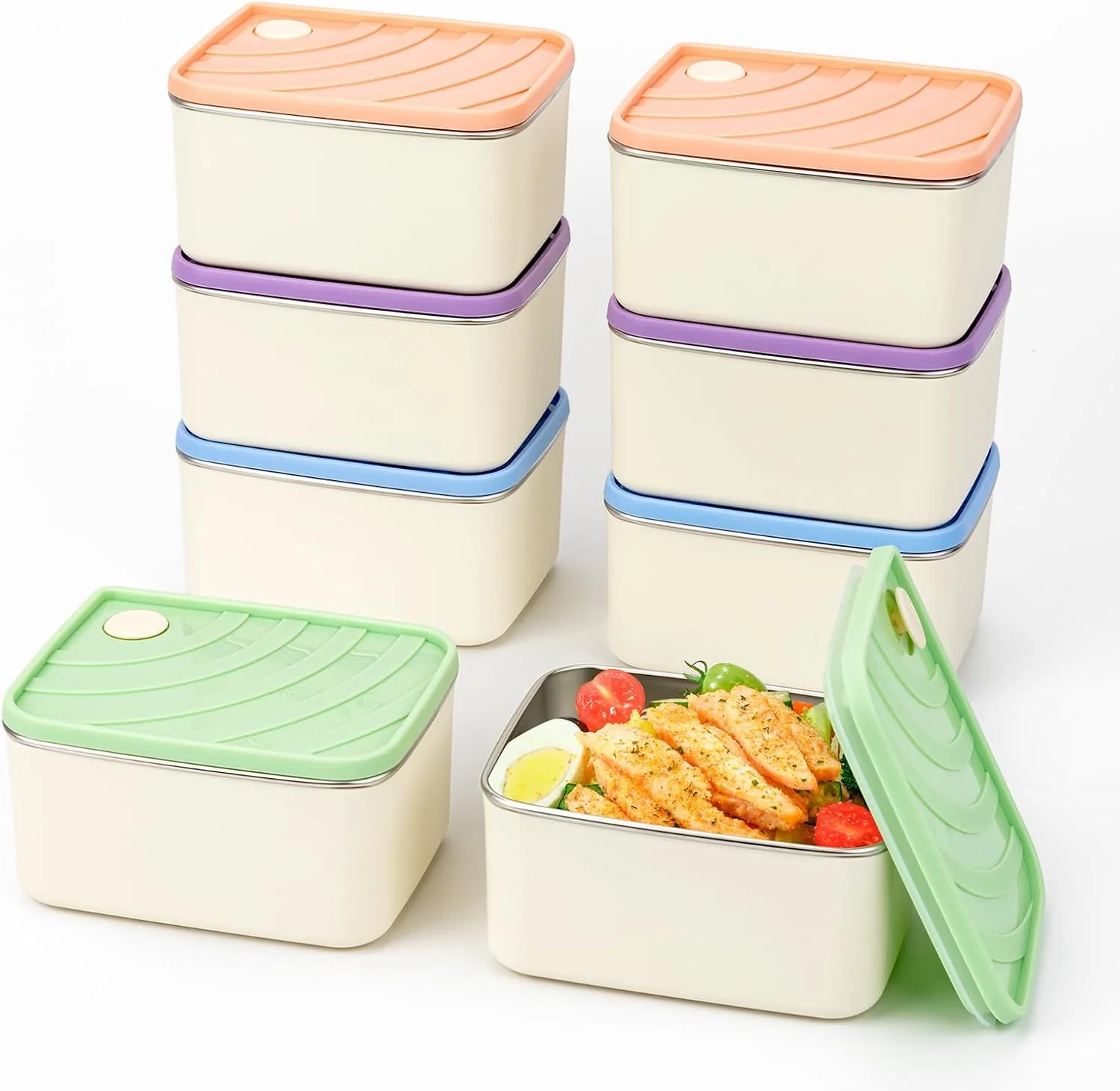 ست 8 عددی ظروف استیل نگهداری غذا فکوکی با درب (530 میلی لیتر)، ظروف اسنک برای کودکان، قابل استفاده در فریزر، قابل استفاده در مایکروویو، ظروف فلزی برای آماده سازی غذا، باقیمانده غذا