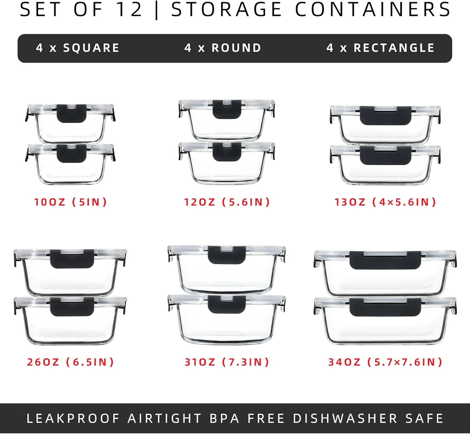 ظروف آماده سازی غذا شیشه ای FAWLES بسته 12 عددی با درب های محکم، ظروف نگهداری مواد غذایی ضد نشت، ظروف شیشه ای قابل استفاده در ماشین ظرفشویی/مایکروویو/فر/فریزر برای ناهار، باقیمانده غذا، بیرون بر (خاکستری)