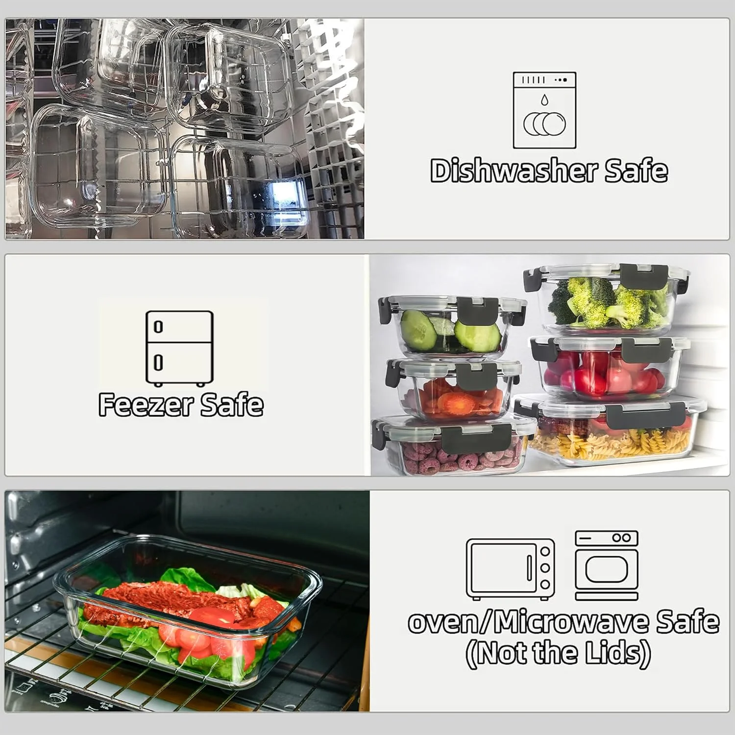 ظروف آماده سازی غذا شیشه ای FAWLES بسته 12 عددی با درب های محکم، ظروف نگهداری مواد غذایی ضد نشت، ظروف شیشه ای قابل استفاده در ماشین ظرفشویی/مایکروویو/فر/فریزر برای ناهار، باقیمانده غذا، بیرون بر (خاکستری)