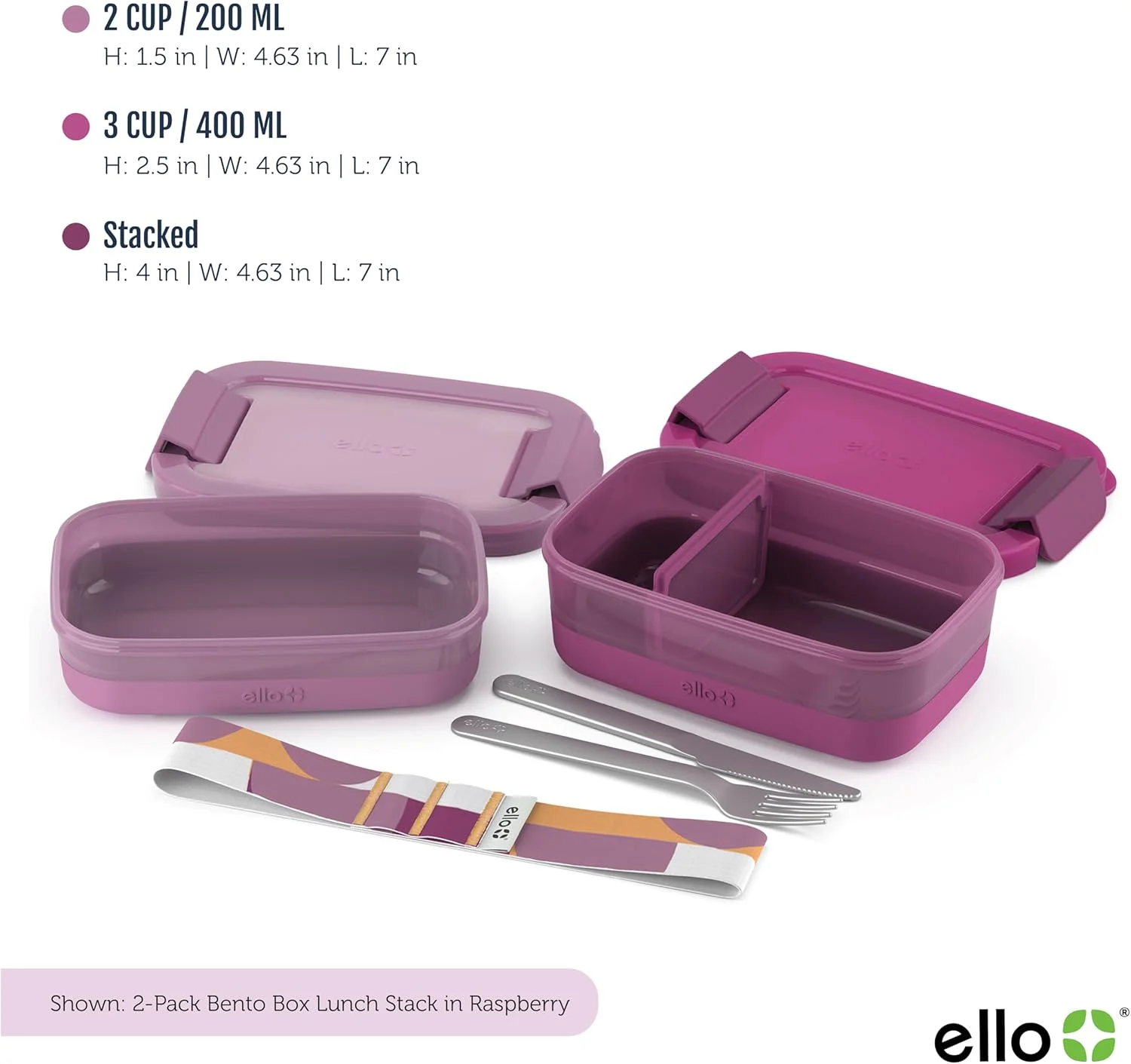 ظرف غذای پلاستیکی دو عددی Ello Lunch Stack با درب های پلاستیکی قفل شونده و ضد هوا و نشتی و پایه سیلیکونی، بدون BPA، قابل استفاده در فریزر، مایکروویو و ماشین ظرفشویی، تمشک