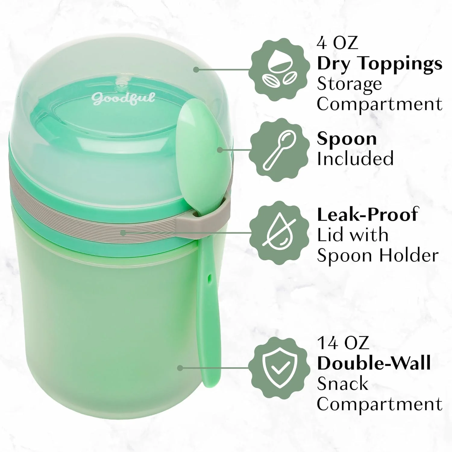 ظرف ماست عایق دو جداره گودفول، ظرف نگهداری مواد غذایی ضد نشت، ظرف اسنک همراه با قاشق پلاستیکی قابل استفاده مجدد، قابل استفاده در مایکروویو، قابل شستشو در ماشین ظرفشویی، قابل استفاده در فریزر، 414 میلی لیتر، سبز