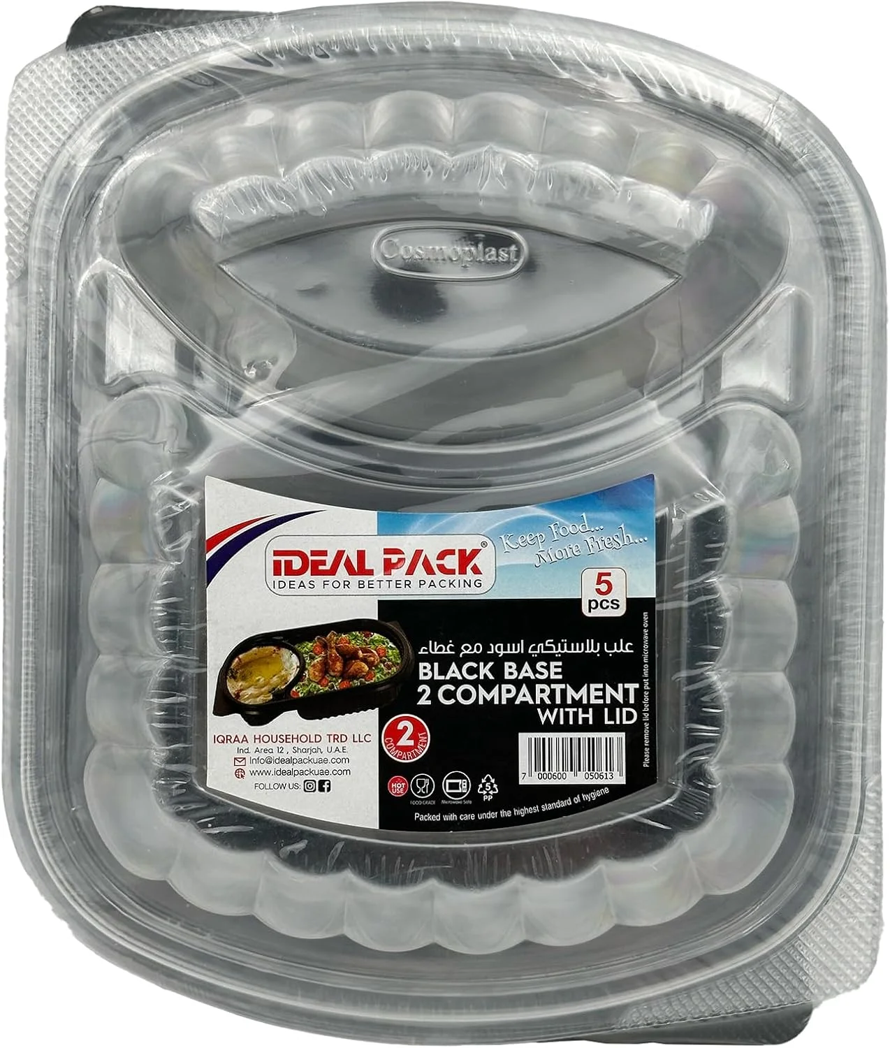 Ideal Pack Black Base 2-Compartment Food Containers with Lids – 5 Pieces | Microwave, Freezer & Dishwasher Safe | Durable Containers for Meal Prep, Takeaway & Storage