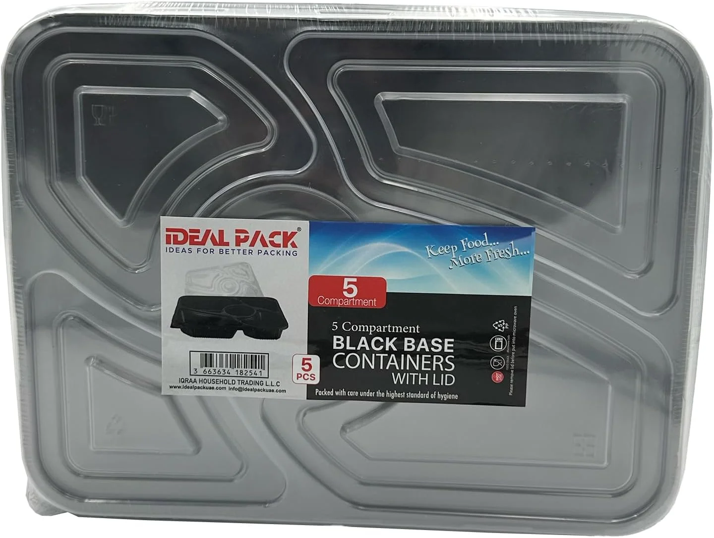 ظروف غذای 5 قسمتی با پایه مشکی Ideal Pack به همراه درب – 5 عدد | ظروف آماده سازی غذا بدون BPA با محفظه | قابل استفاده در مایکروویو، فریزر و ماشین ظرفشویی | سبک بنتو برای کنترل وعده و بیرون بر