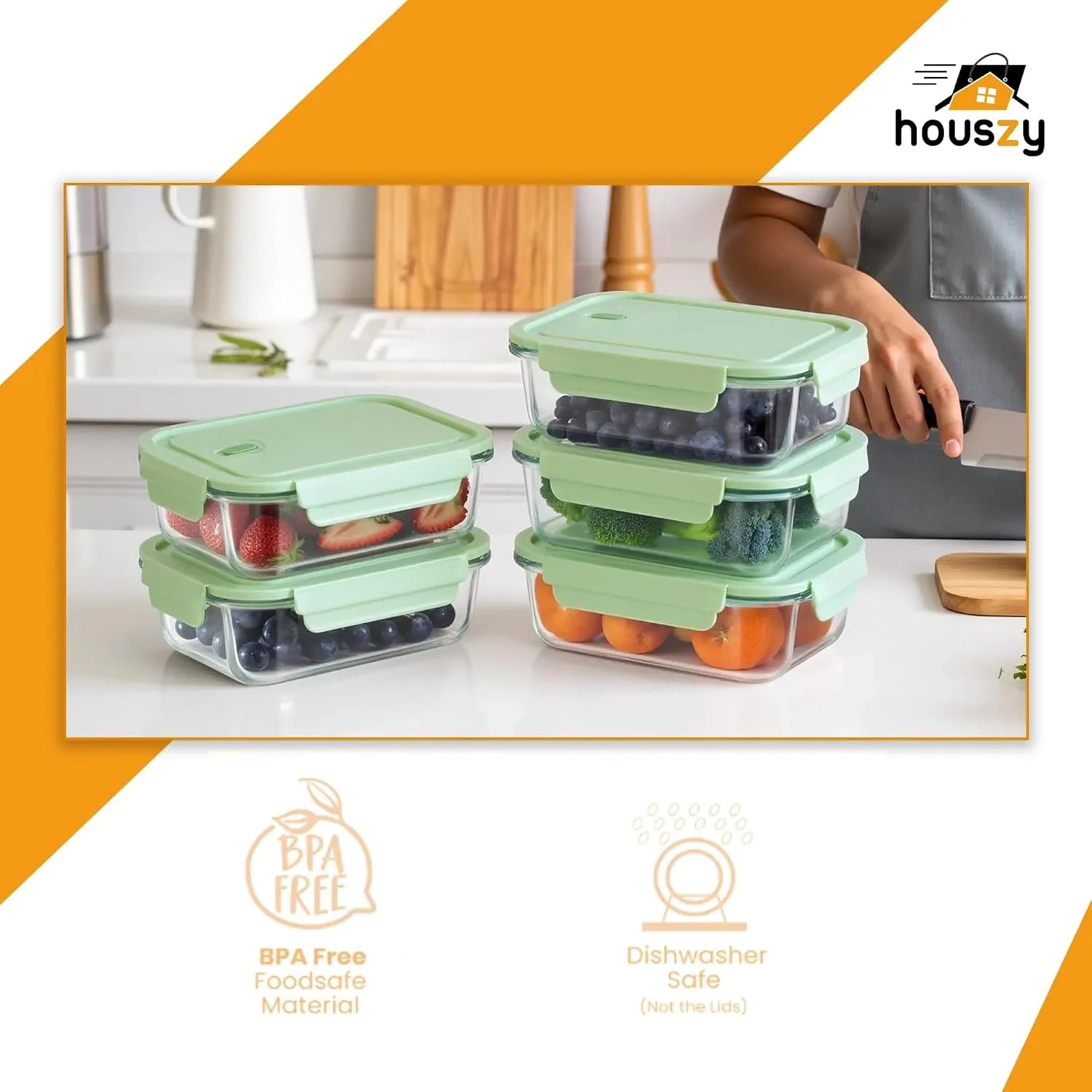 ظروف شیشه ای غذا HOUSZY با درب های دریچه دار - بسته 5 عددی - سبز نعنایی - قفل فشاری ضد نشت، جعبه های آماده سازی غذا بوروسیلیکات، قابل استفاده در مایکروویو و فریزر، بدون BPA ظروف شیشه ای غذا HOUSZY با درب های دریچه دار - بسته 5 عددی - سبز نعنایی - قفل فشاری ضد نشت، جعبه های آماده سازی غذا بوروسیلیکات، قابل استفاده در مایکروویو و فریزر، بدون BPA