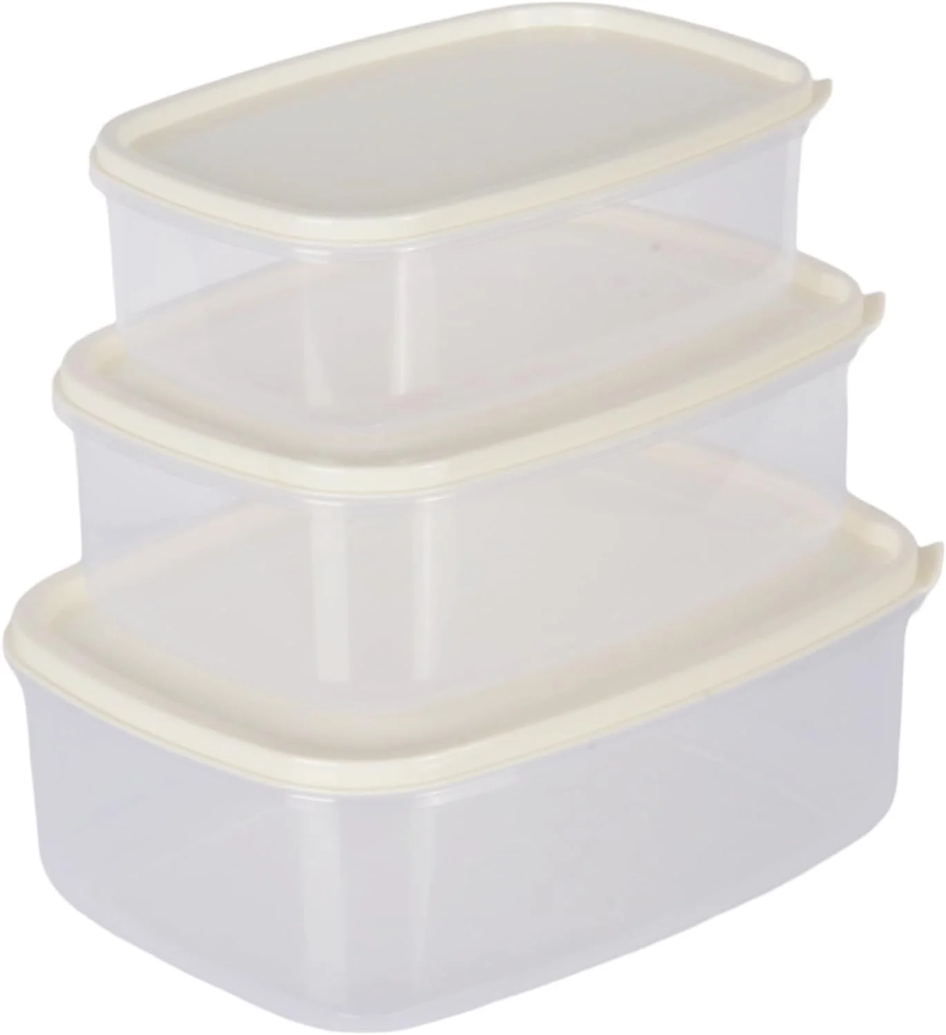 Jolie Max 3pcs Rectangle Food Storage Container Set with Lid. Airtight Plastic Kitchen Storage Box. Microwave, Freezer & Dishwasher Safe. Space Saving, Leakproof, BPA Free Storage Set. (Cream)