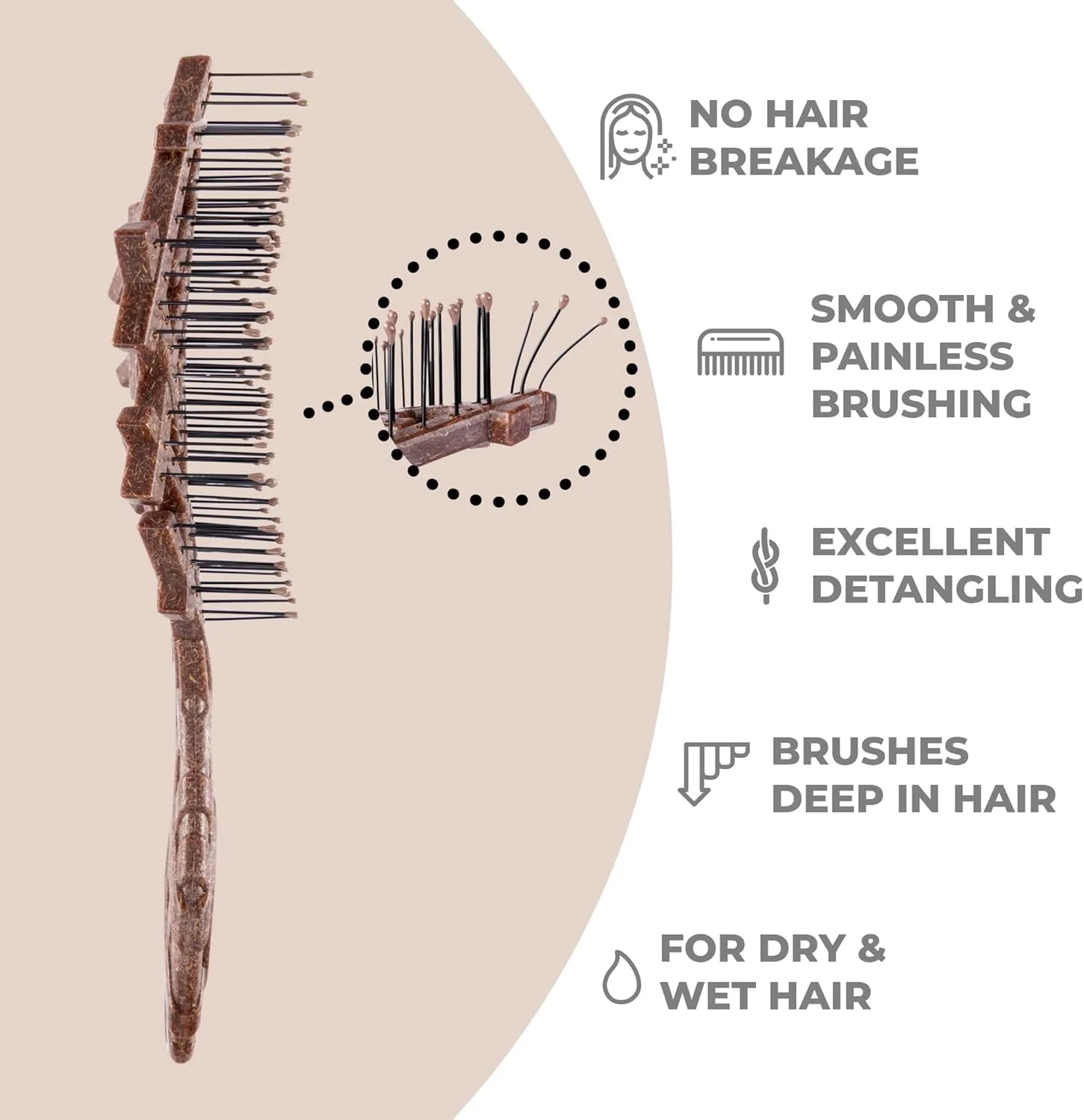 برس موی ارگانیک نینابلا برای زنان، مردان و کودکان - برس باز کننده گره بدون کشیدن مو برای موهای فر، بلند و خیس - برس باز کننده گره پایدار ساخته شده از پوسته نارگیل - قهوه ای