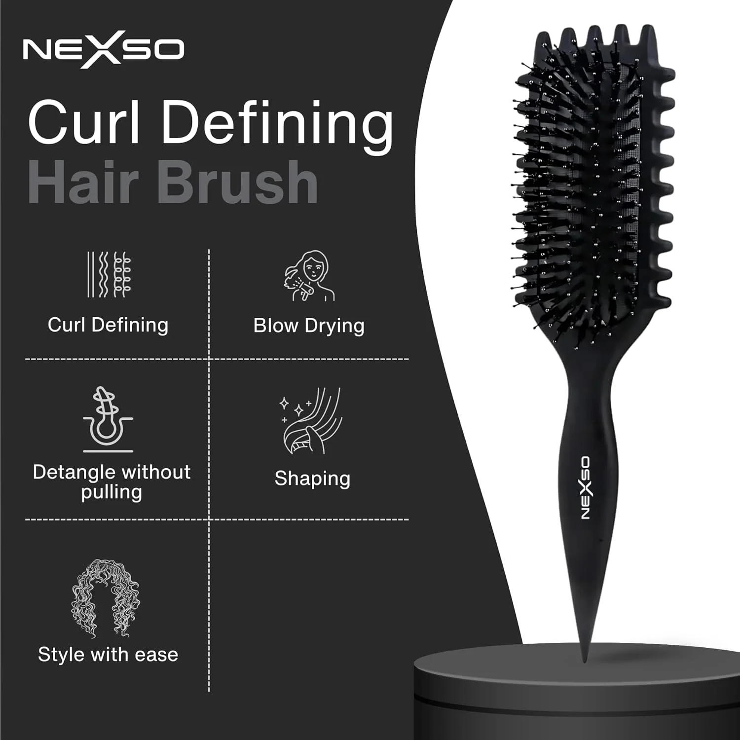 برس حالت دهنده مو فر Nexso برای زنان و مردان | برس حالت دهنده و باز کننده گره حرفه ای مشکی برای موهای فر، صاف، خیس و خشک | موهای نایلونی مقاوم در برابر حرارت، دسته ارگونومیک ضد لغزش