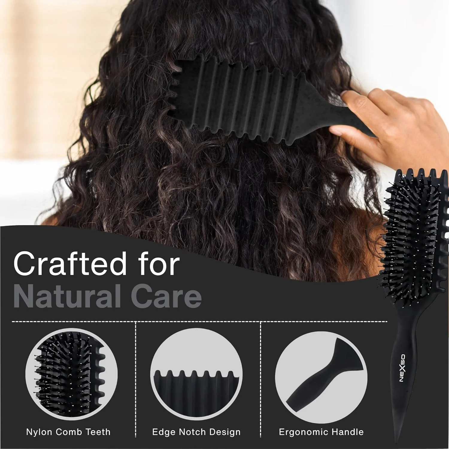 برس حالت دهنده مو فر Nexso برای زنان و مردان | برس حالت دهنده و باز کننده گره حرفه ای مشکی برای موهای فر، صاف، خیس و خشک | موهای نایلونی مقاوم در برابر حرارت، دسته ارگونومیک ضد لغزش