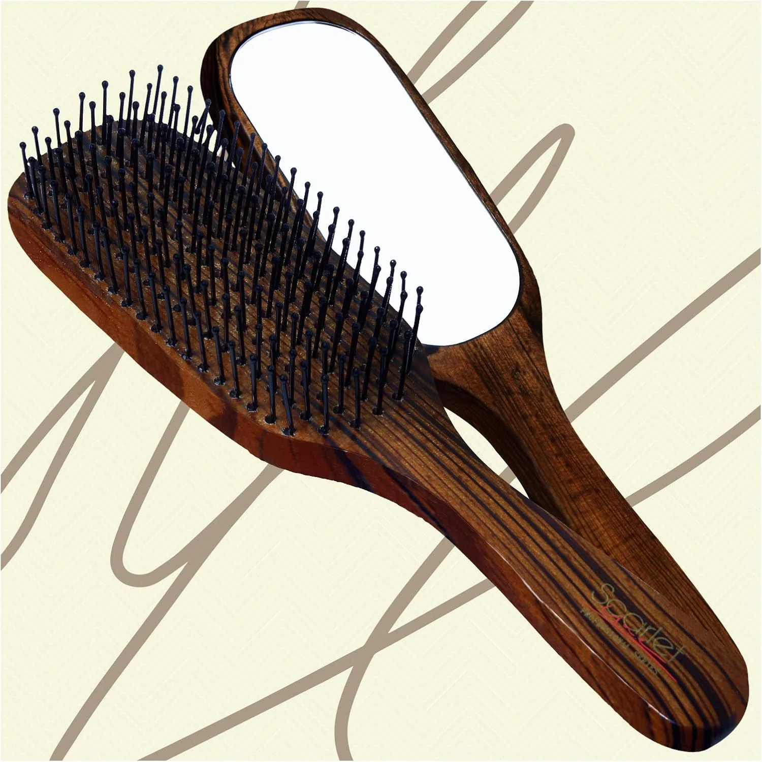 برس مو پارویی بزرگ حرفه ای Scarlet Line با چوب افرا آبنوس ضد الکتریسیته ساکن، دارای آینه و دسته چوبی، رنگ قهوه ای، مناسب برای آقایان و بانوان