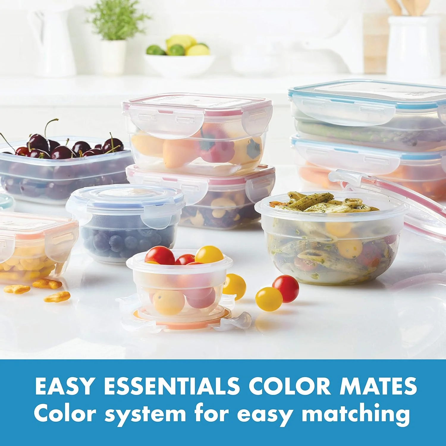 ظروف نگهداری مواد غذایی 18 تکه لاک اند لاک مدل Easy Essentials Color Mates، بدون BPA، شفاف