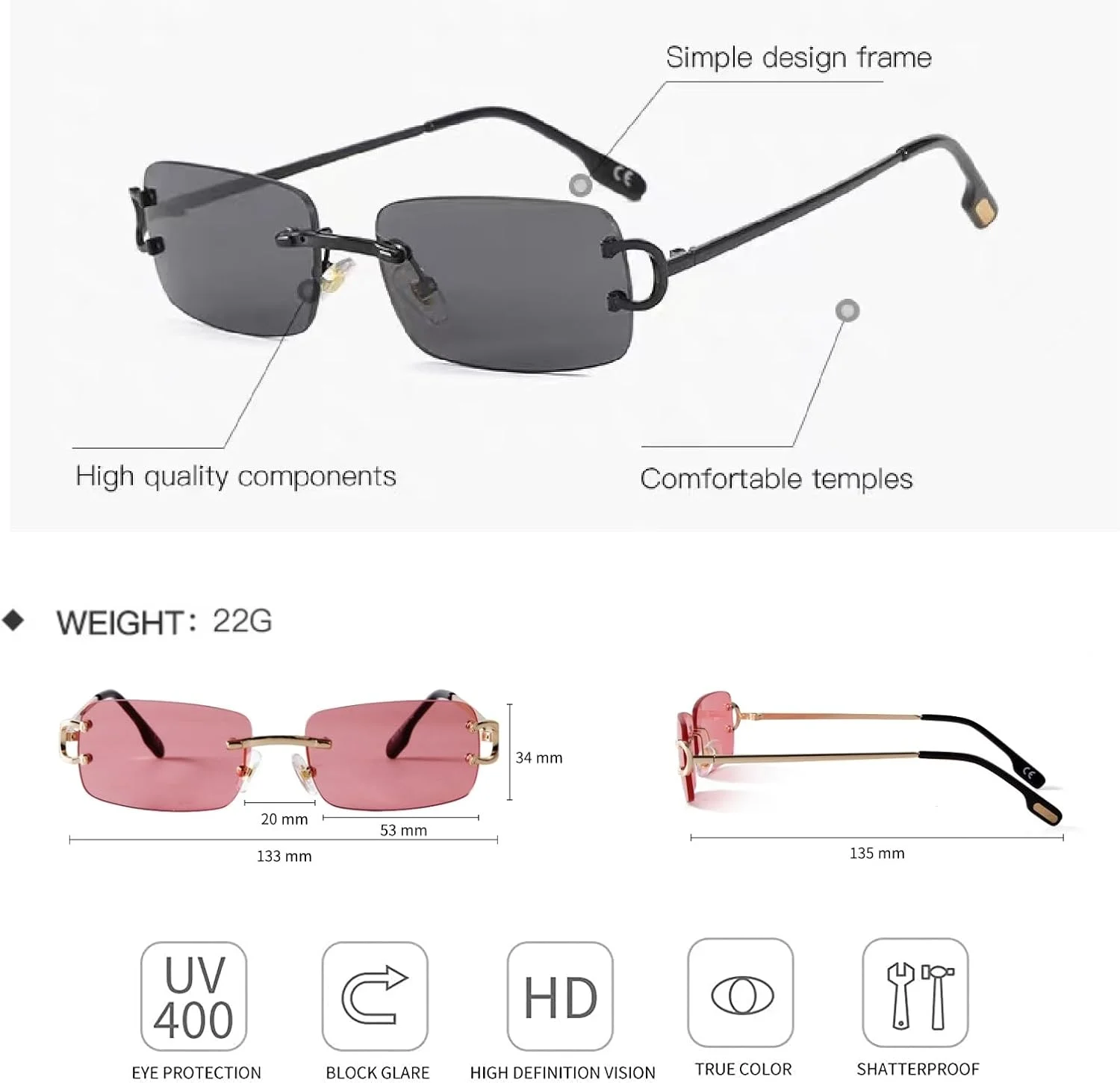 عینک آفتابی ADEWU رترو، عینک های وینتیج بدون فریم با محافظت UV، عینک آفتابی باریک مستطیلی مردانه زنانه یونیسکس