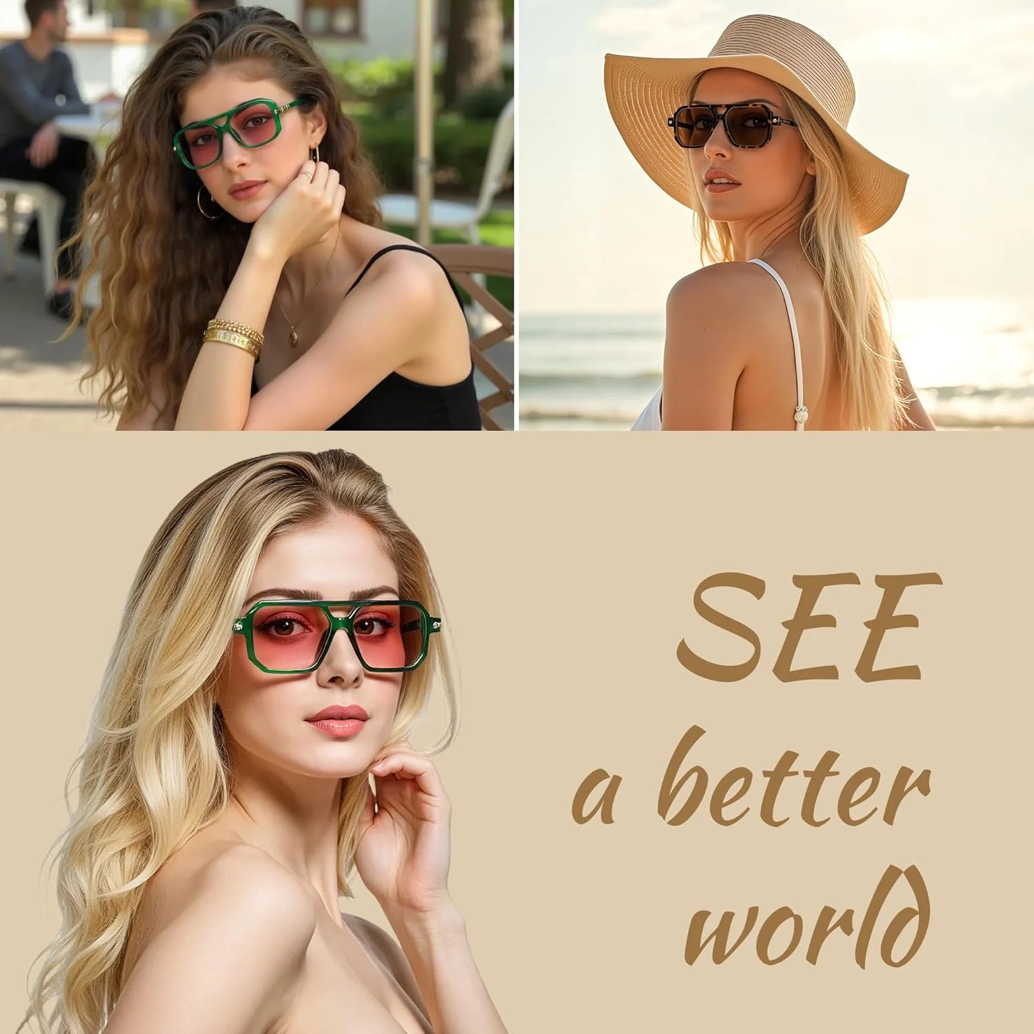 عینک آفتابی خلبانی مربعی وینتیج AGGKKY دهه 70 زنانه مردانه، فریم شیک و کلاسیک رترو UV400