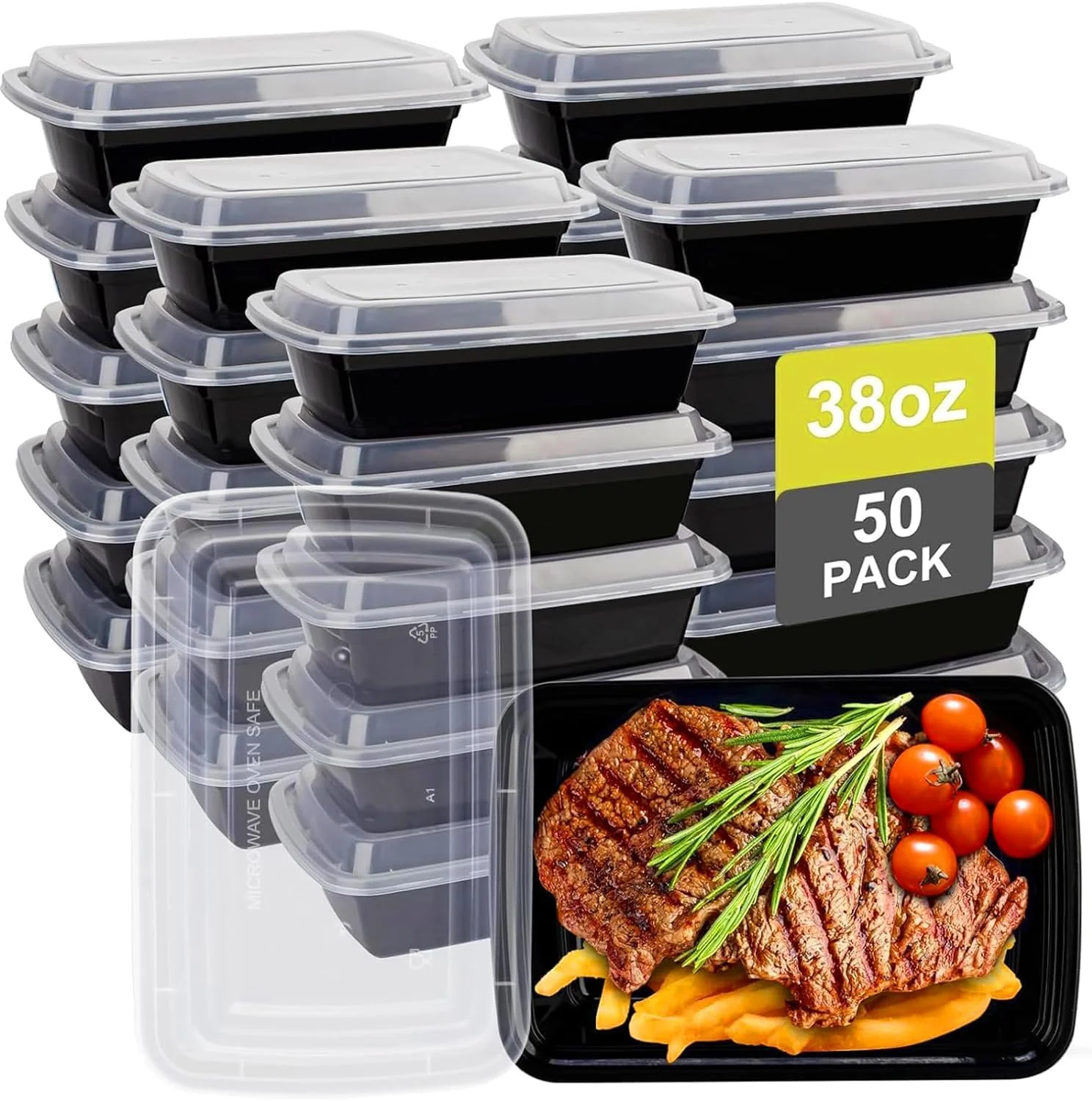 ظروف آماده سازی غذا 1100 میلی لیتری kkyvvy - بسته 50 عددی ظروف نگهداری غذا با درب - ظروف پلاستیکی بیرون بر، ظروف یکبار مصرف بیرون بر با درب، بدون BPA، قابل استفاده در مایکروویو/ماشین ظرفشویی/فریزر
